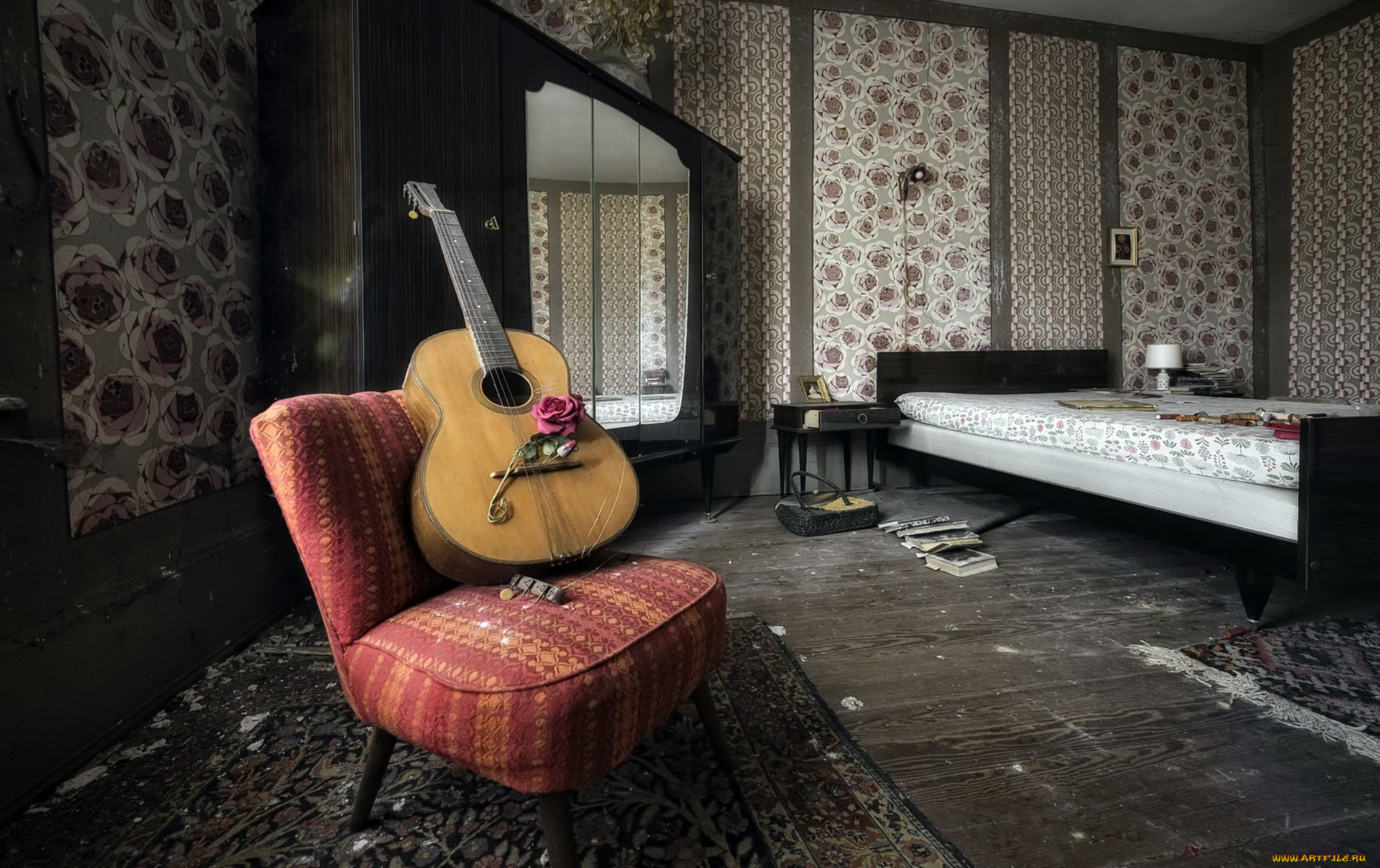 музыка, -музыкальные, инструменты, роза, кресло, гитара