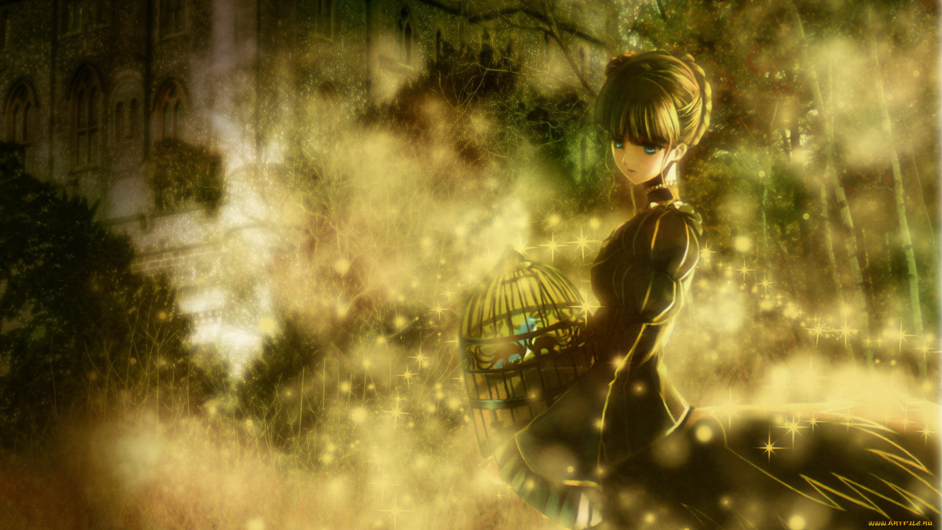 аниме, umineko, no, naku, koro, ni, девушка, клетка, туман, здания