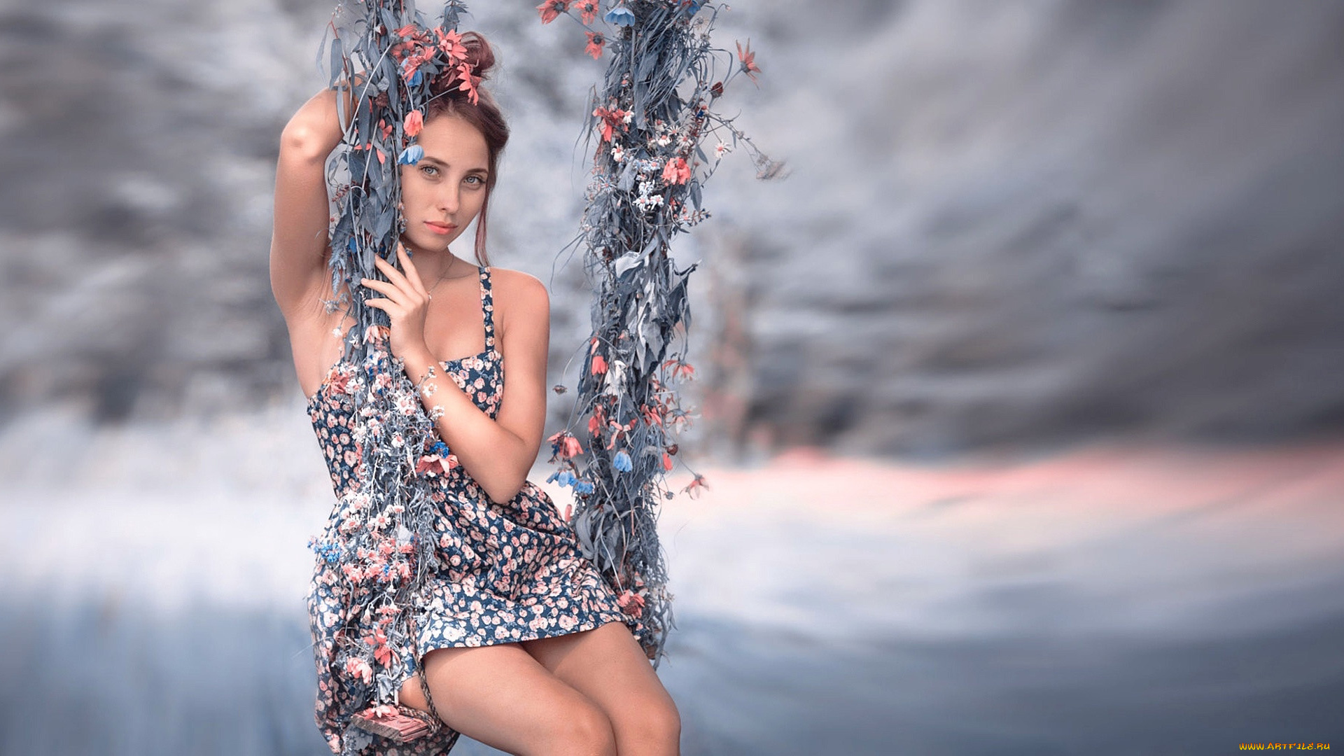 девушки, -, брюнетки, , шатенки, качели, шатенка, короткое, платье, marina