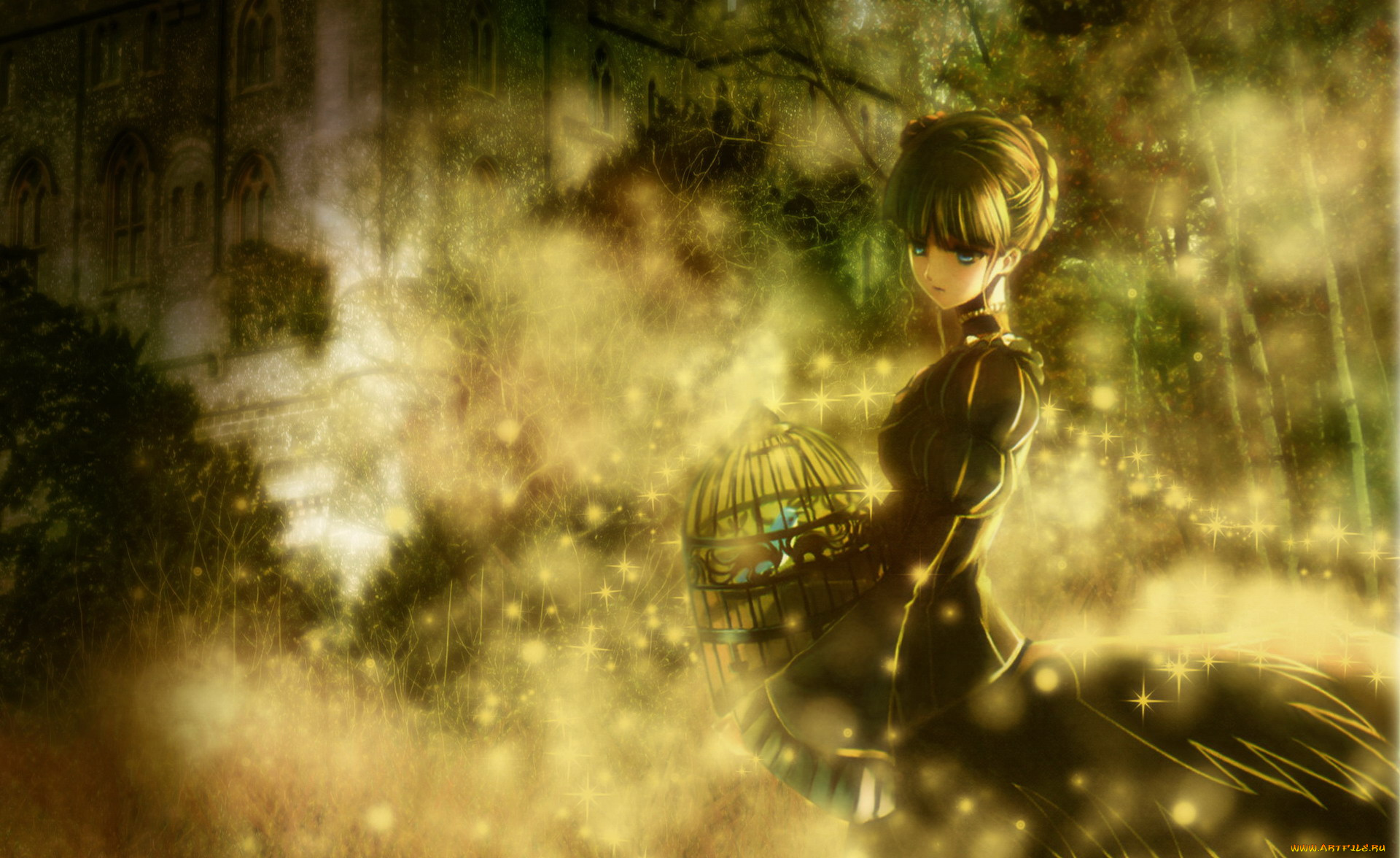 аниме, umineko, no, naku, koro, ni, девушка, клетка, туман, здания