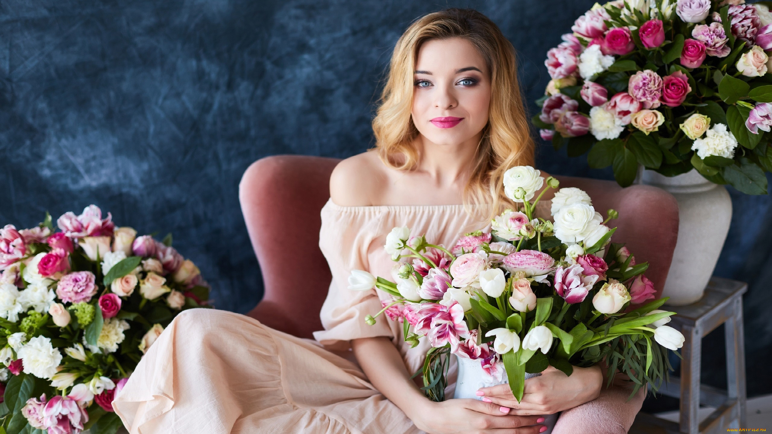 девушки, -, блондинки, , светловолосые, букеты, цветы, рыженькая