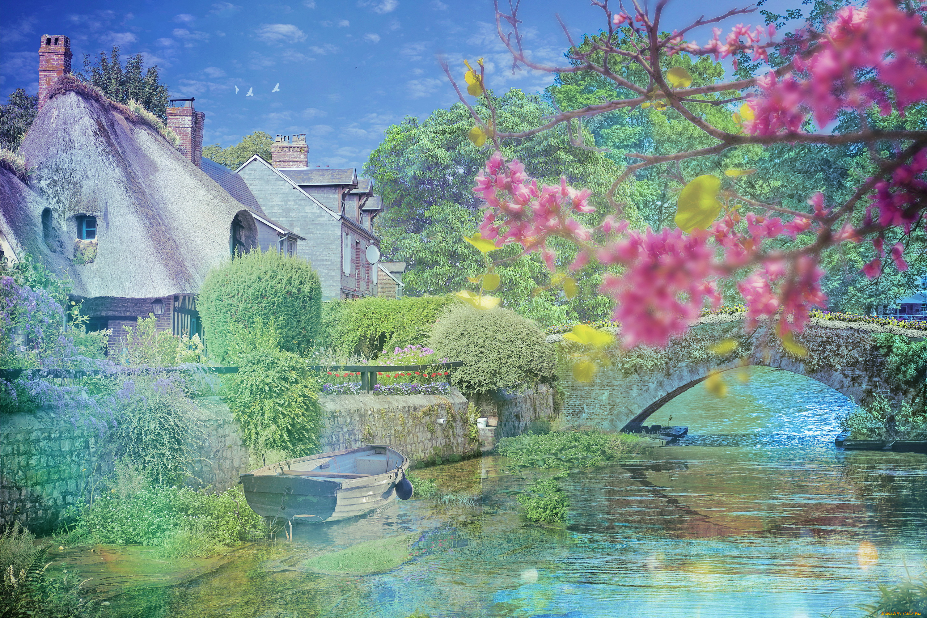 разное, компьютерный, дизайн, дом, речка, мост, лодка