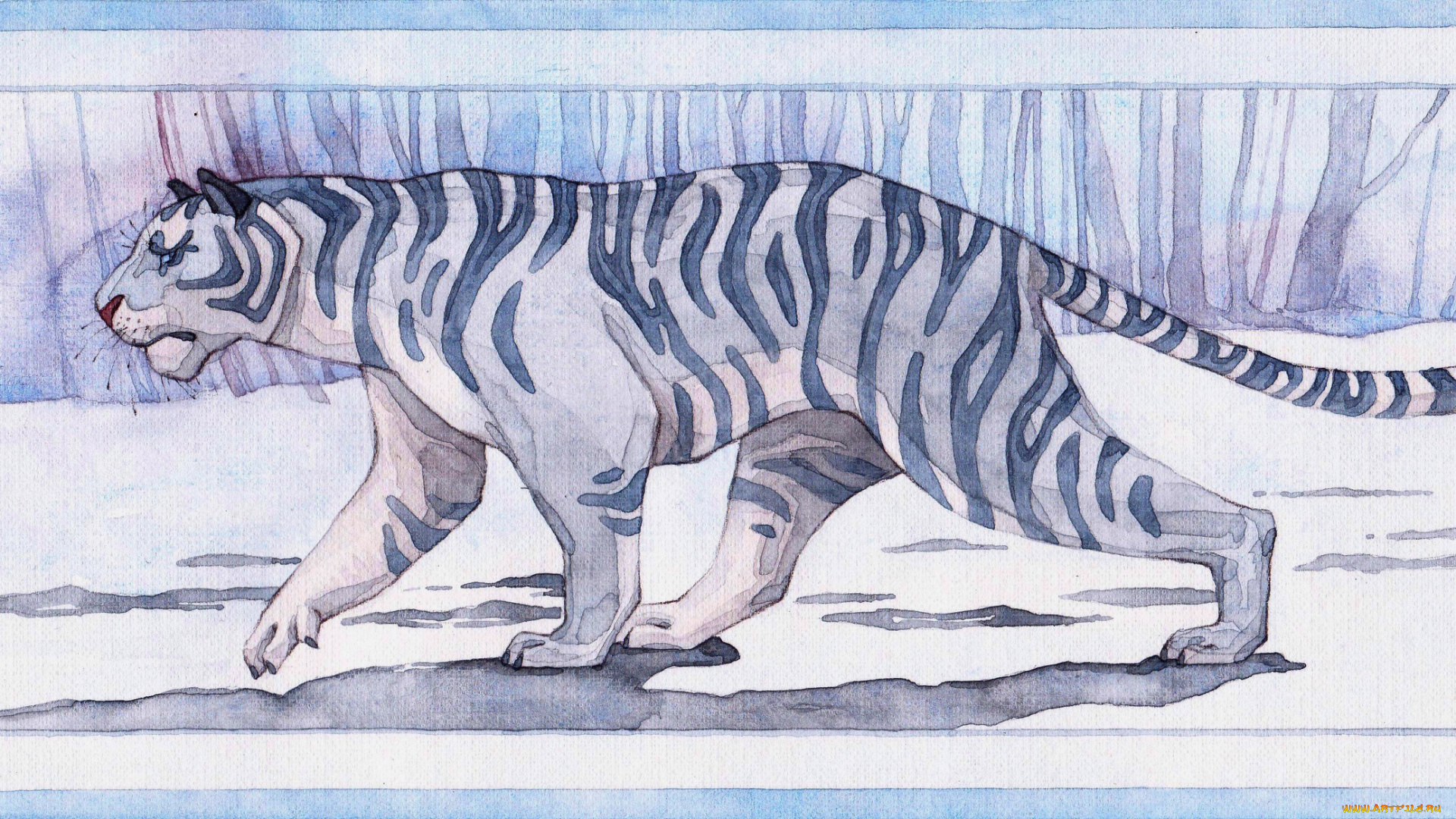 рисованное, животные, , тигры, тигр, белый, снег