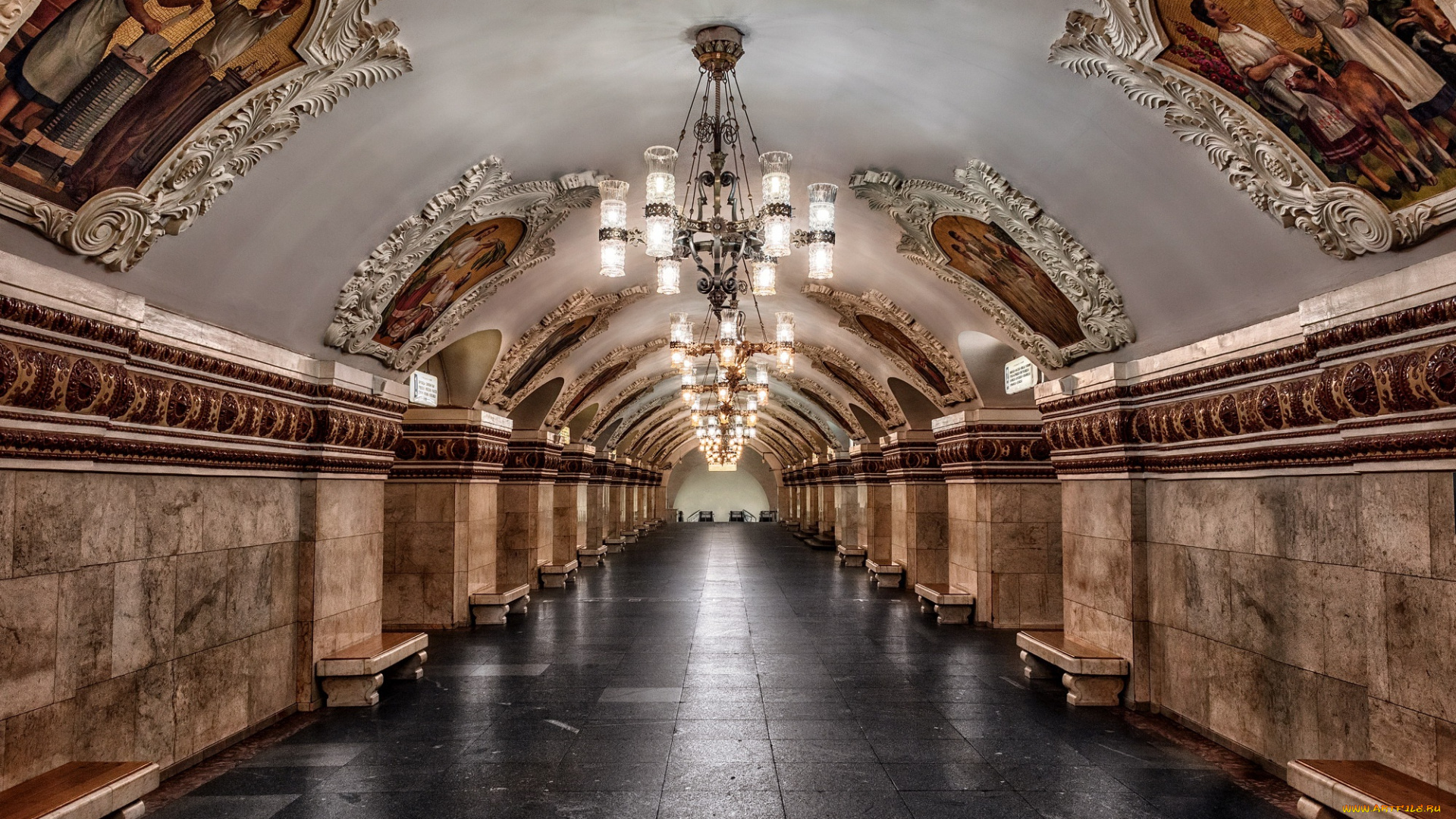интерьер, холлы, , лестницы, , корридоры, туннель, московский, метрополитен, россия, люстра, живопись
