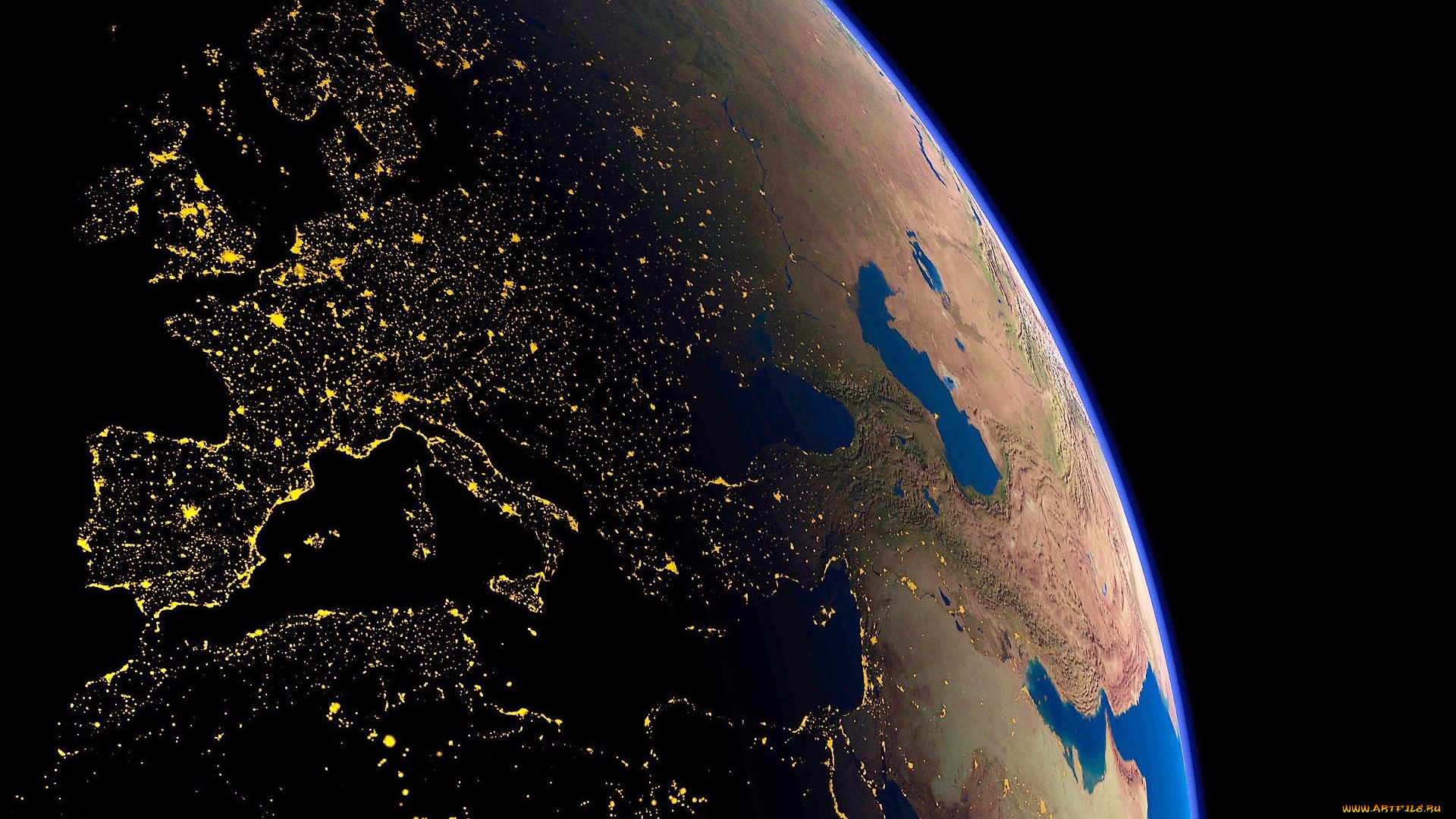 космос, земля, планета, огни, европа