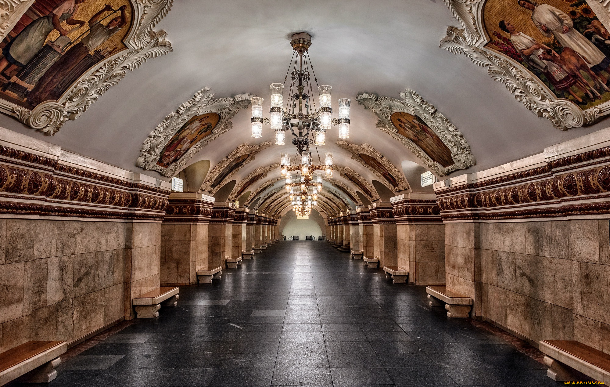 интерьер, холлы, , лестницы, , корридоры, туннель, московский, метрополитен, россия, люстра, живопись