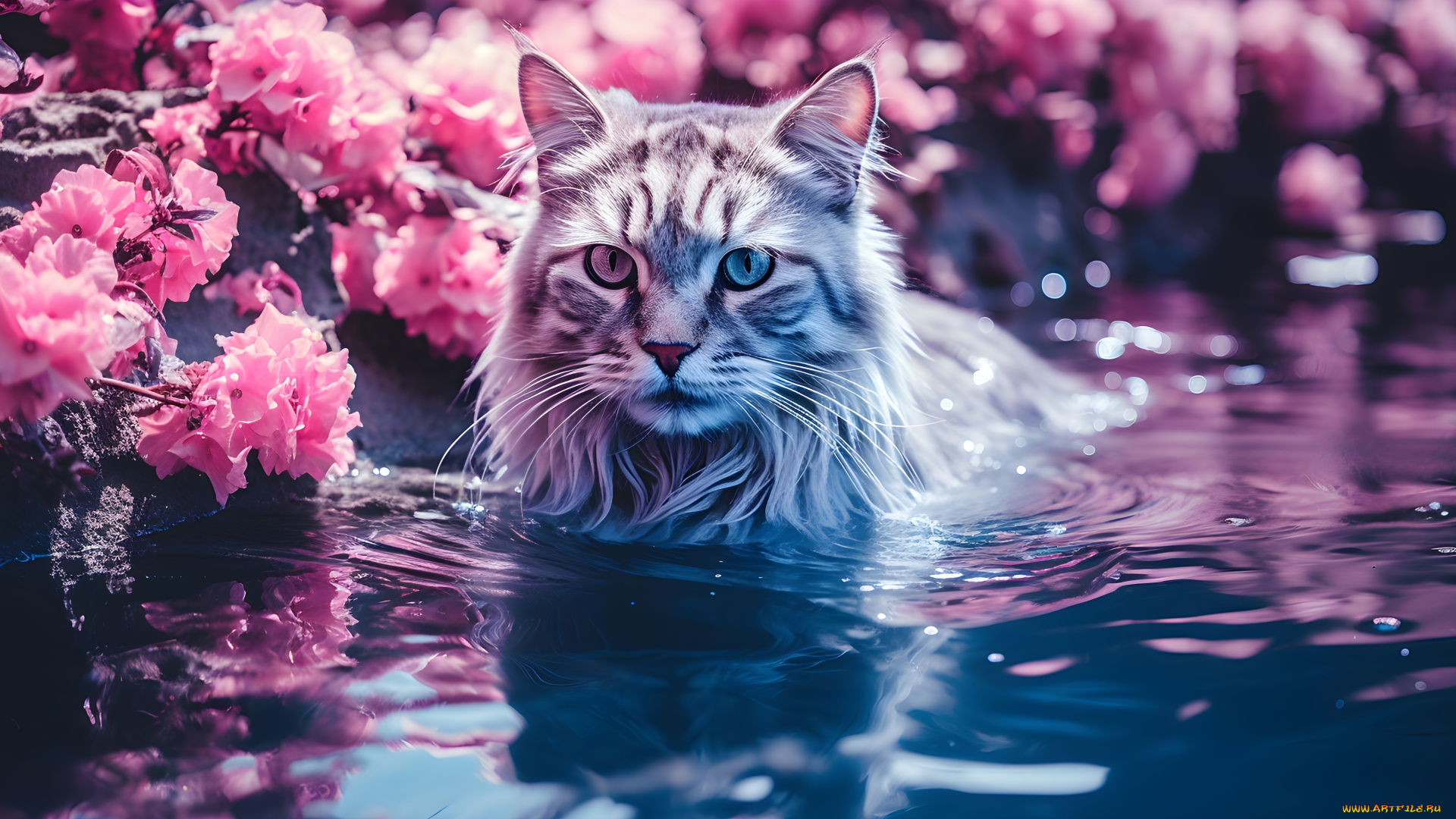 3д, графика, животные, , animals, кот, цветы, вода