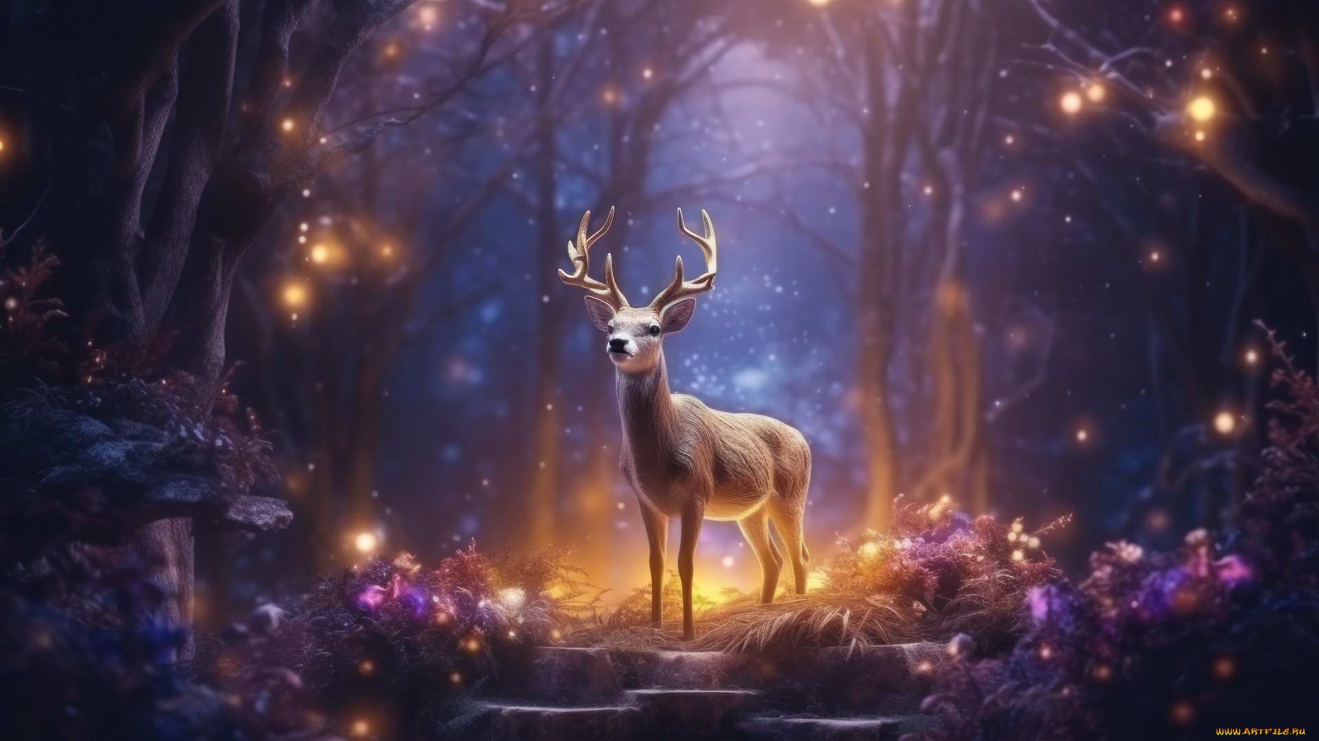 3д, графика, животные, , animals, зима, лес, свет, олень, рождество, новый, год, ии-арт, нейросеть