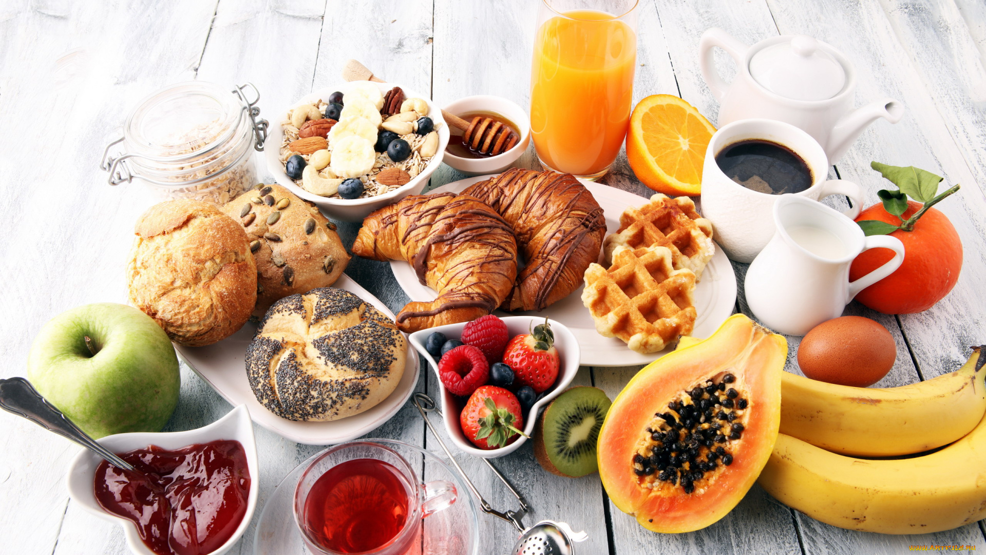 еда, разное, завтрак, мюсли, фрукты, ягоды, кофе, сок, чай, выпечка, варенье