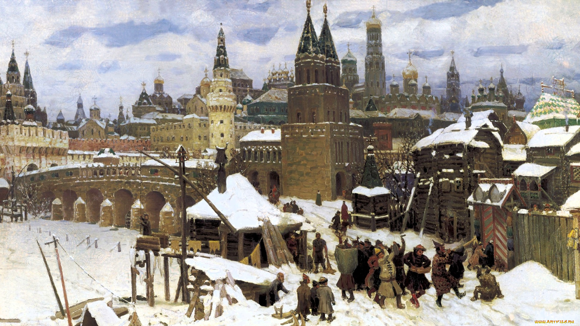 москва, конца, xvii, века, , аполлинарий, васнецов, рисованное, аполлинарий, васнецов, город, люди, зима, снег