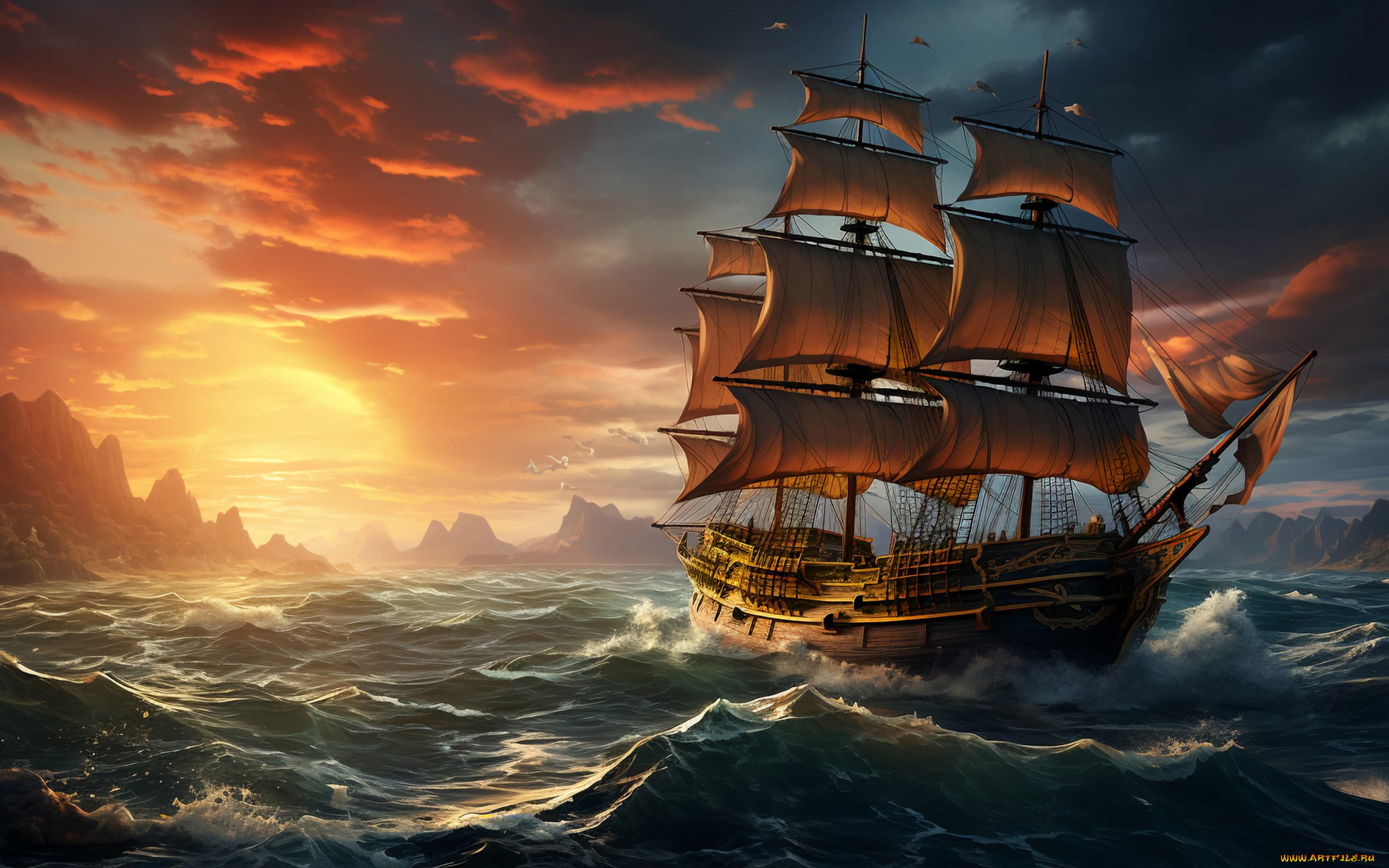 корабли, 3d, море, небо, вода, облака, корабль, парусник, паруса, водоем