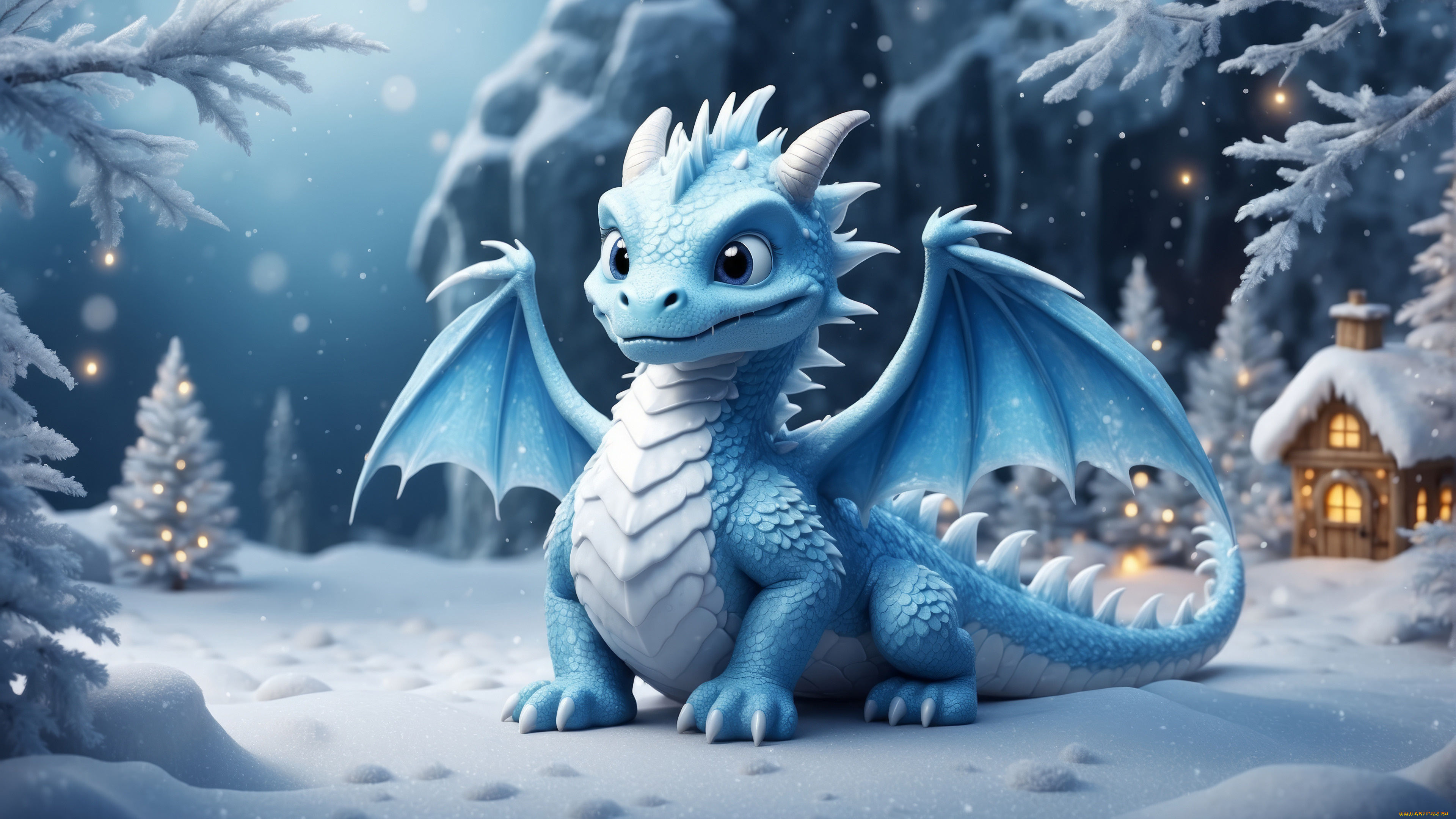 3д, графика, фантазия, , fantasy, зима, снег, природа, снежный, дракон, рождество, новый, год, дракончик