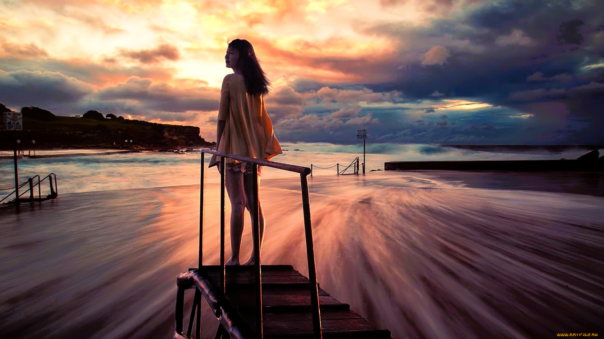 девушки, -, азиатки, наряд, закат, тучи, море, мостки