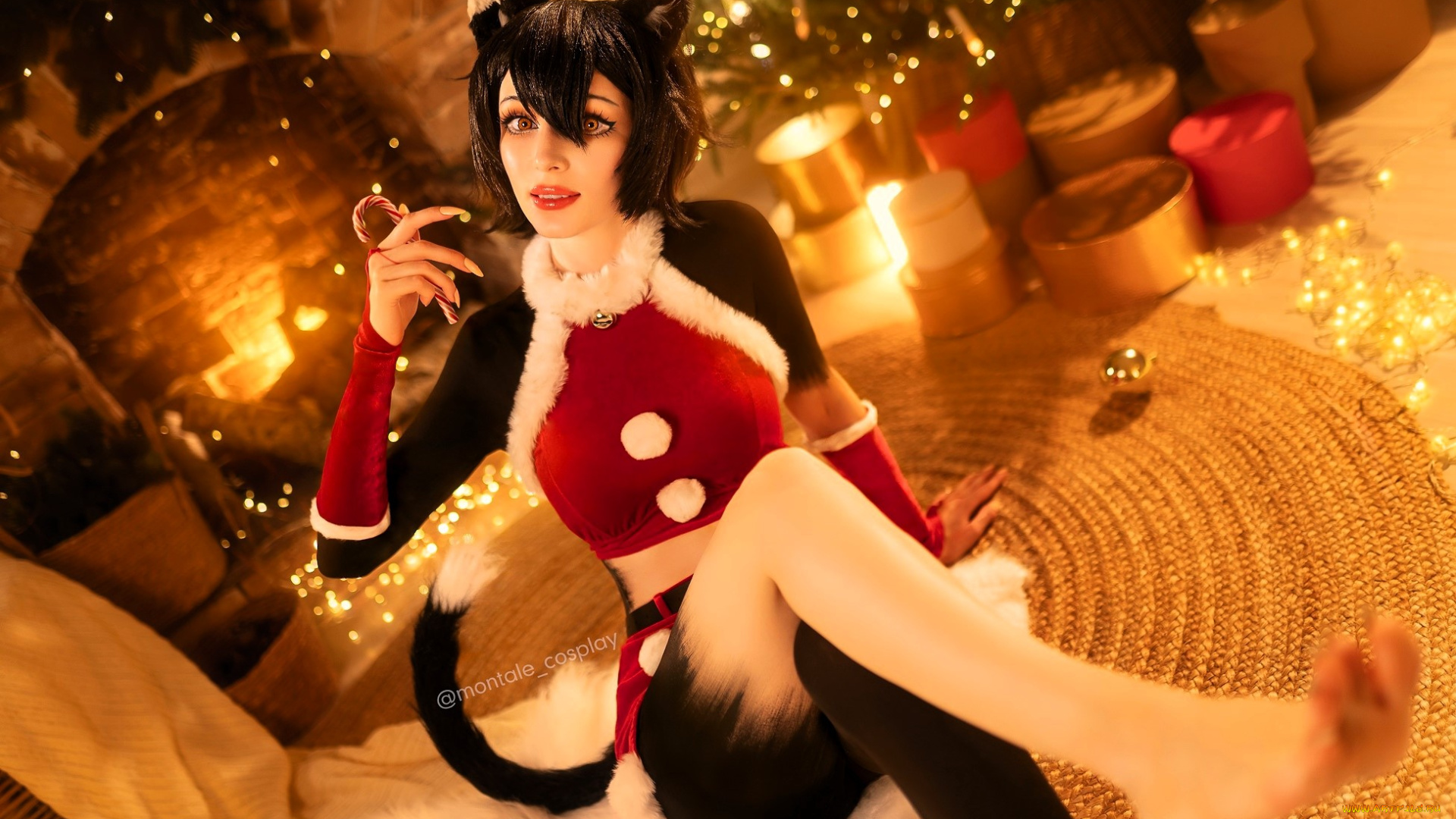 девушки, marina, montale, образ, костюм, косплей, кошка, мех, ёлка, камин