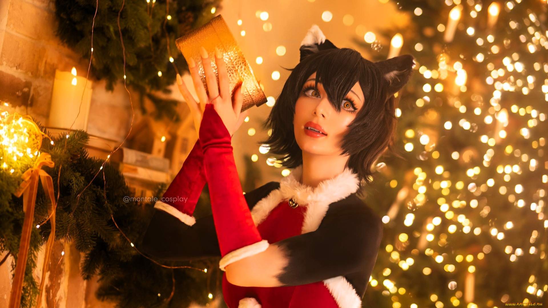 девушки, marina, montale, образ, костюм, косплей, кошка, мех, ёлка, камин