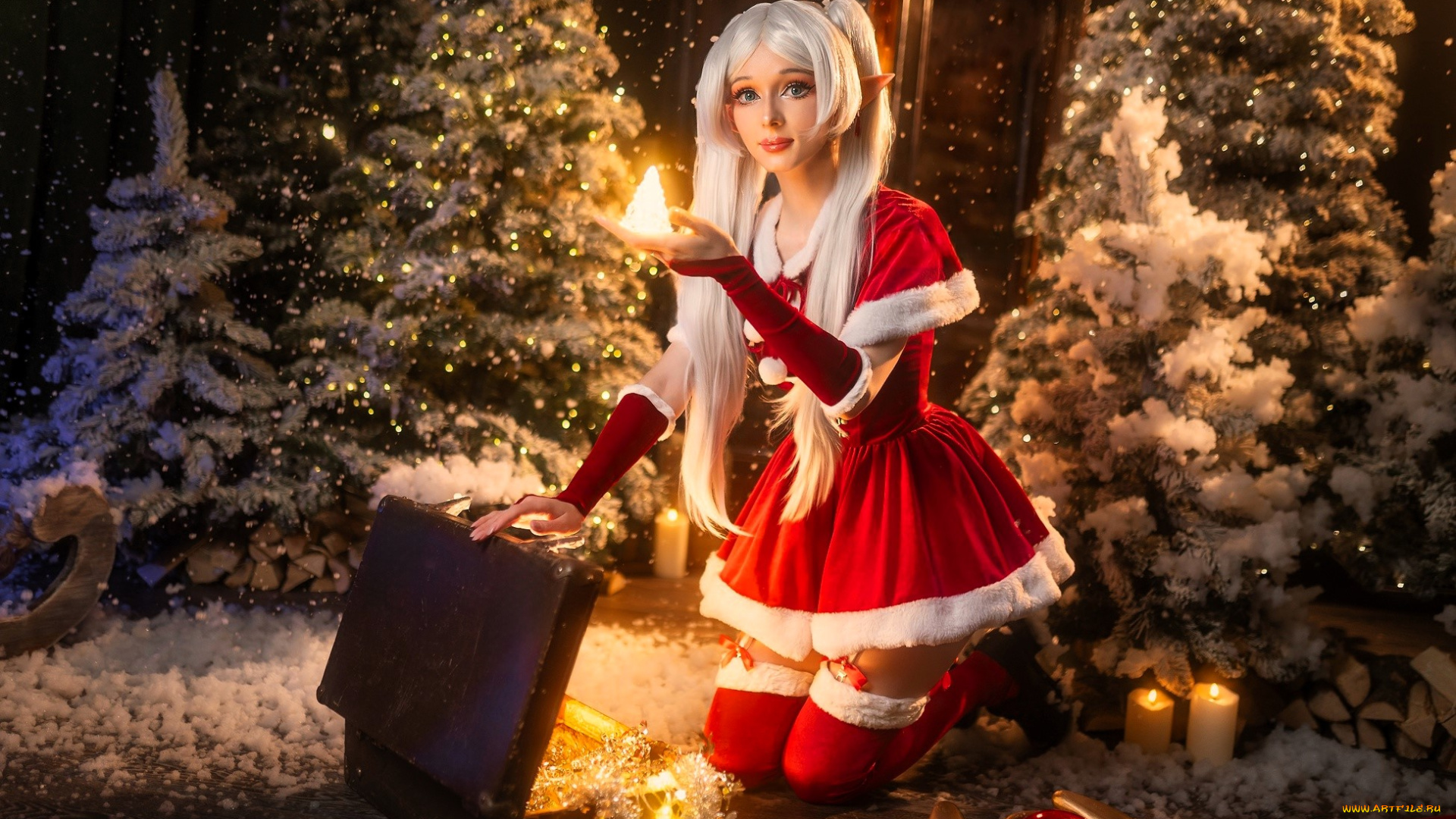 девушки, marina, montale, образ, костюм, косплей, ёлки, снег, чемодан, свечи, посох