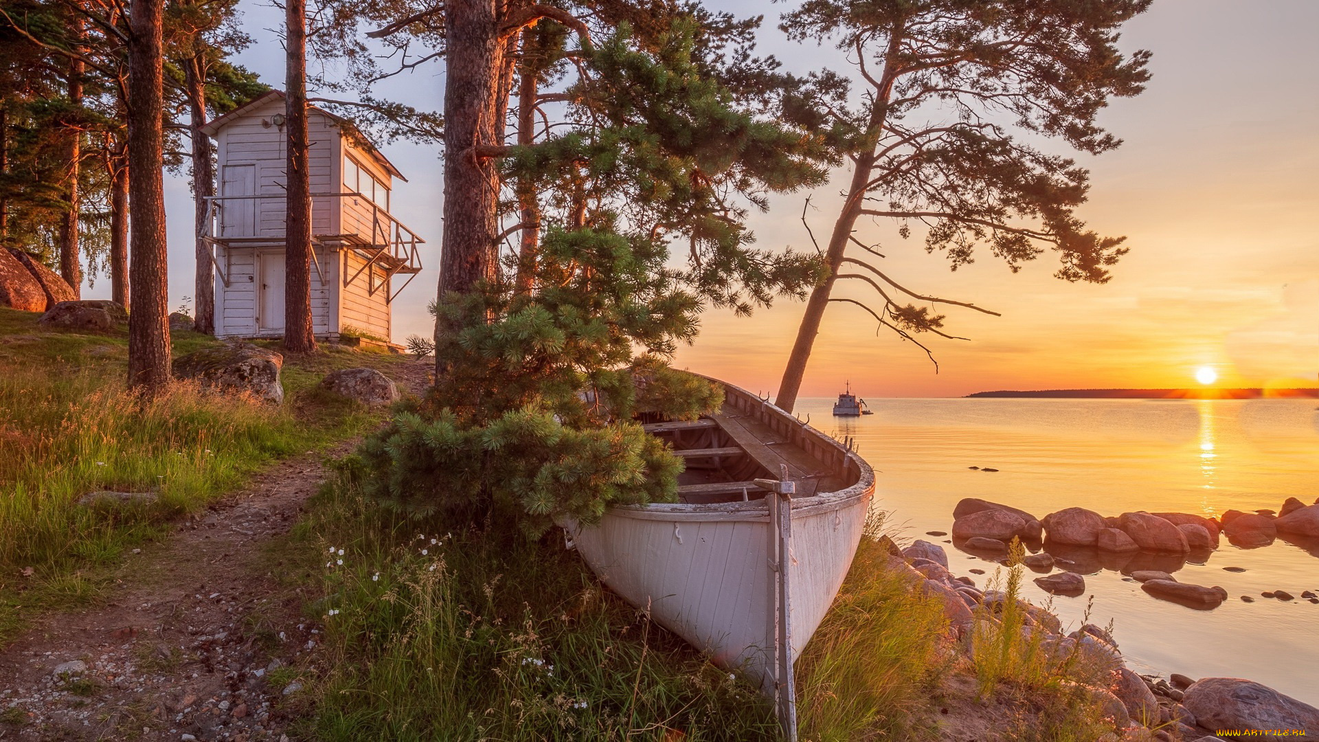 корабли, лодки, , шлюпки, озеро, лодка, сосны, закат
