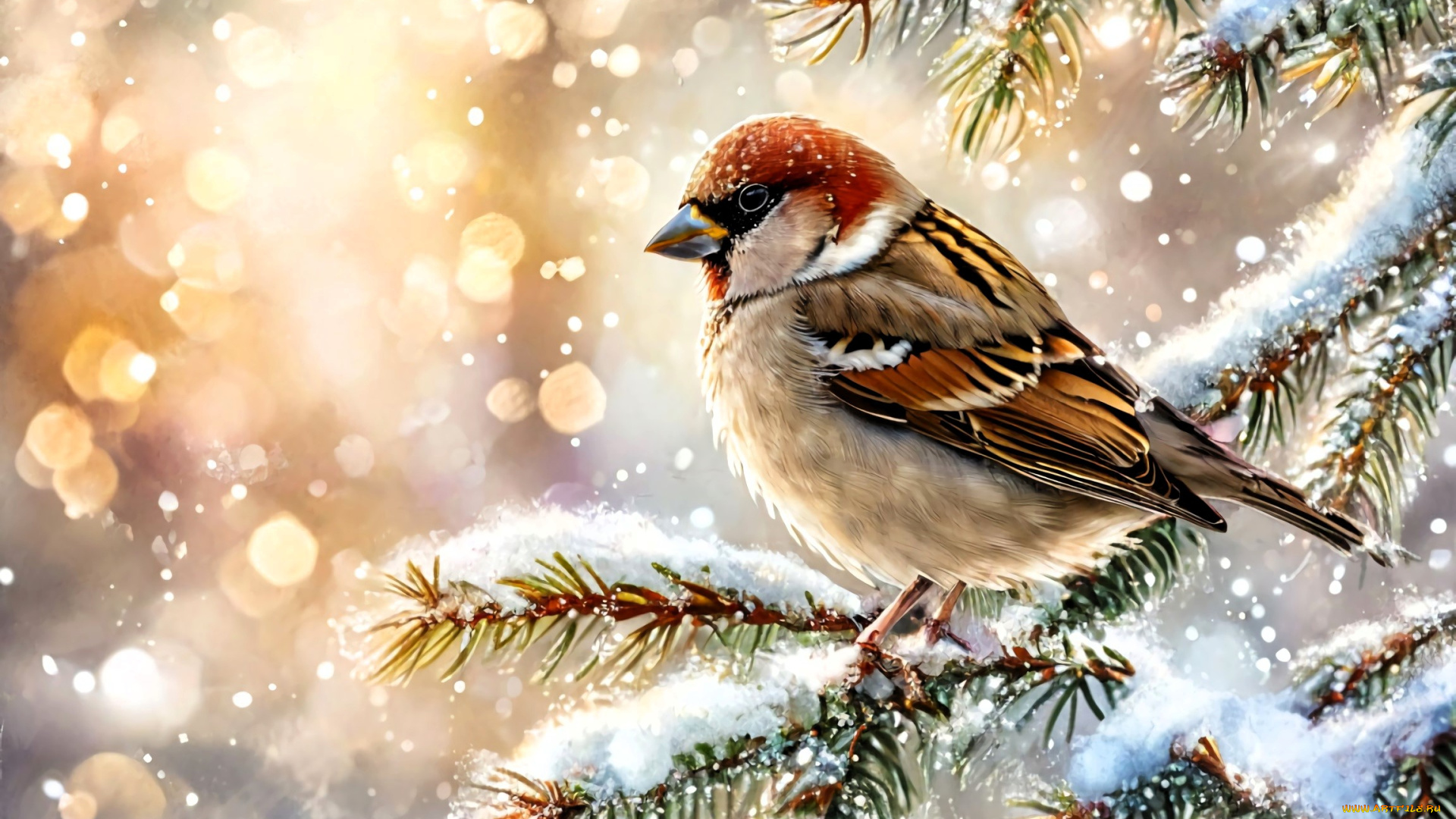 рисованное, животные, , птицы, воробей, птица, снег, ветки, зима, ёлка