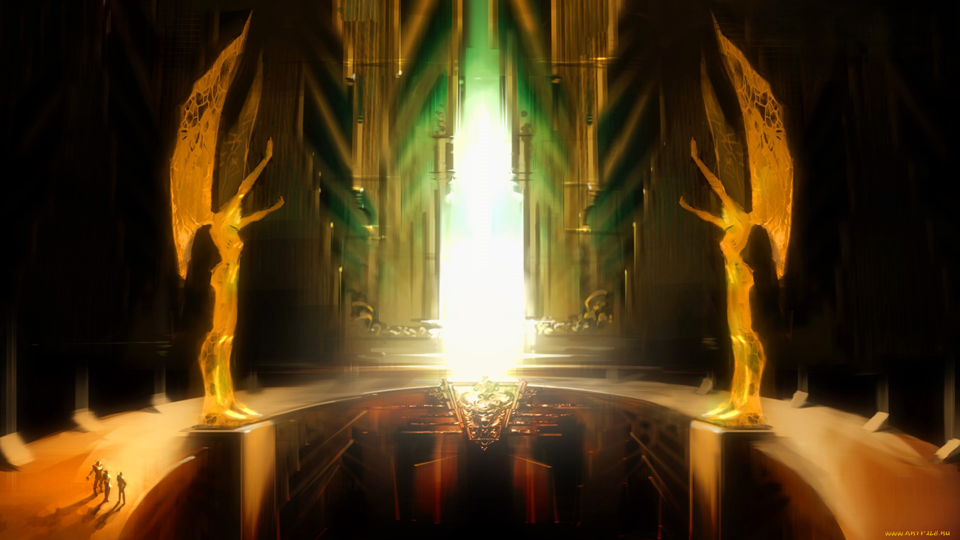 видео, игры, guild, wars, зал, свет, статуи, люди