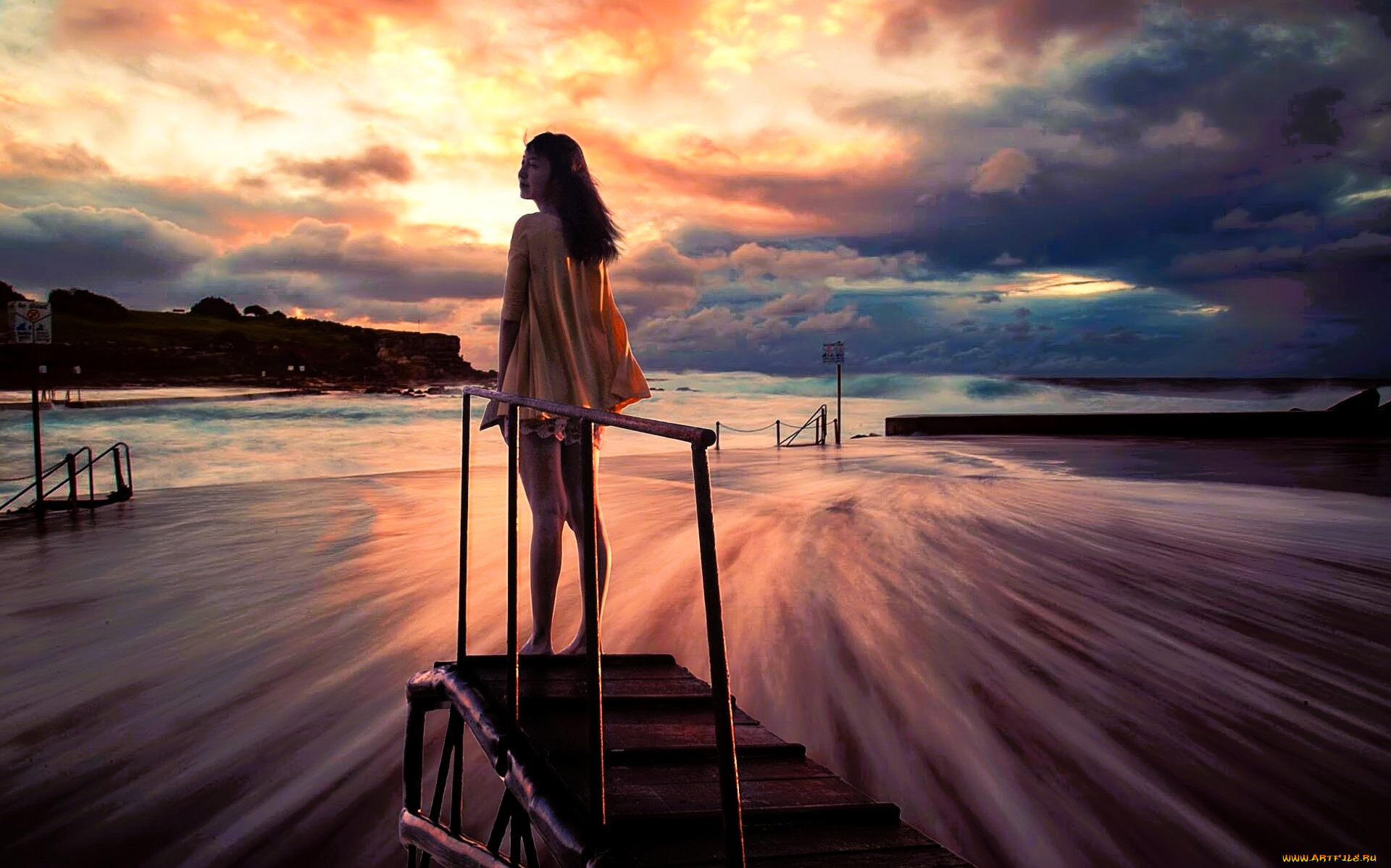 девушки, -, азиатки, наряд, закат, тучи, море, мостки