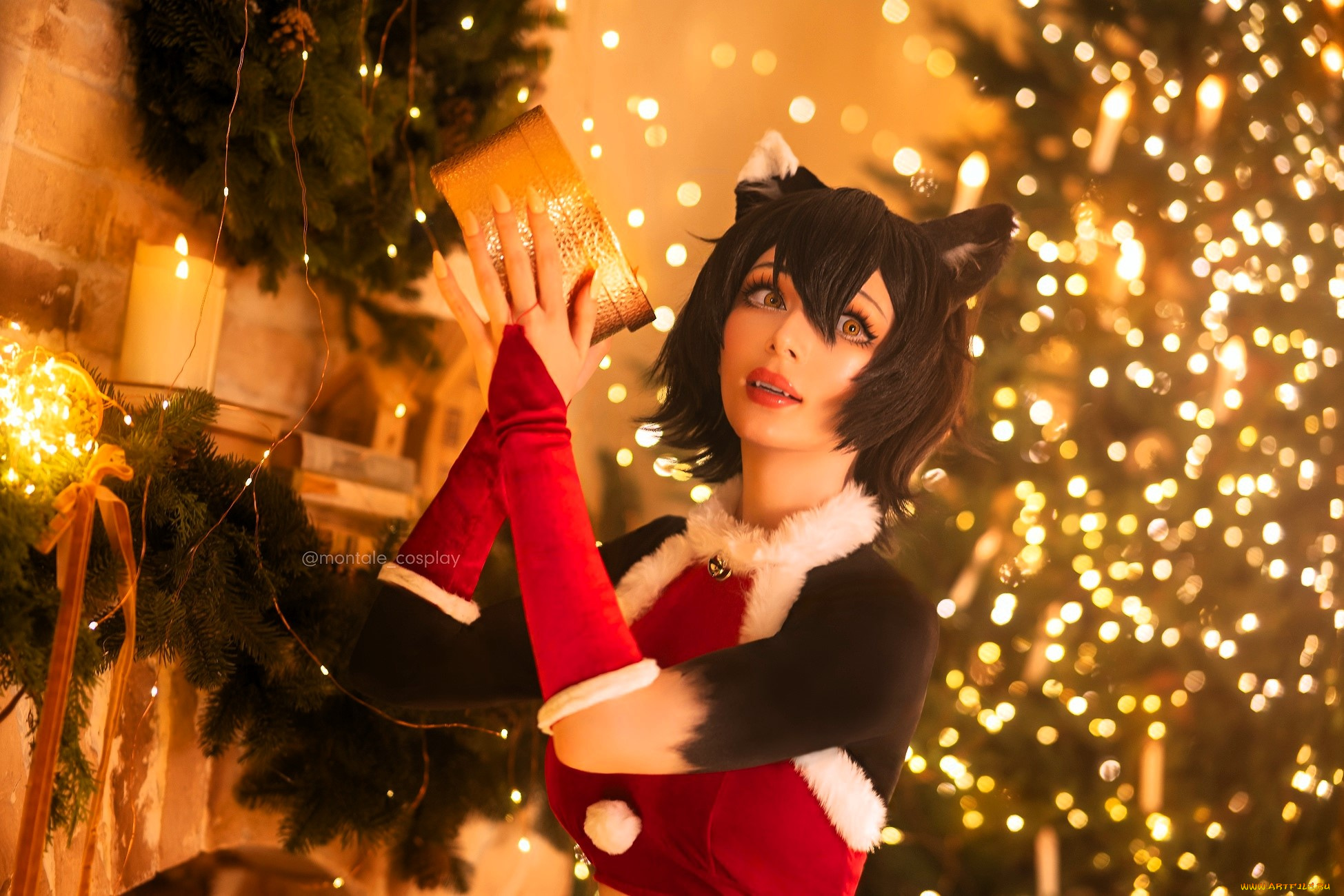 девушки, marina, montale, образ, костюм, косплей, кошка, мех, ёлка, камин