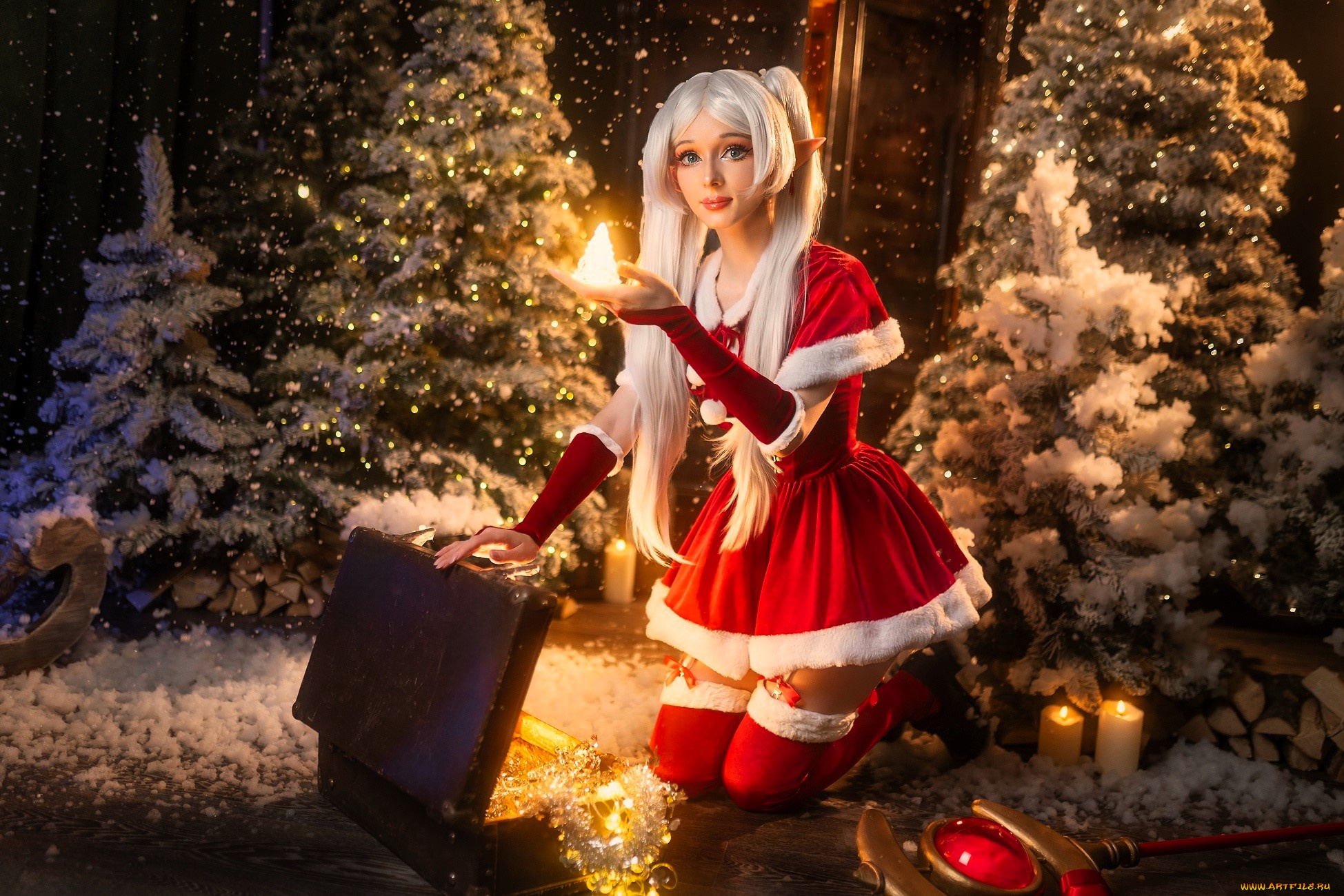 девушки, marina, montale, образ, костюм, косплей, ёлки, снег, чемодан, свечи, посох