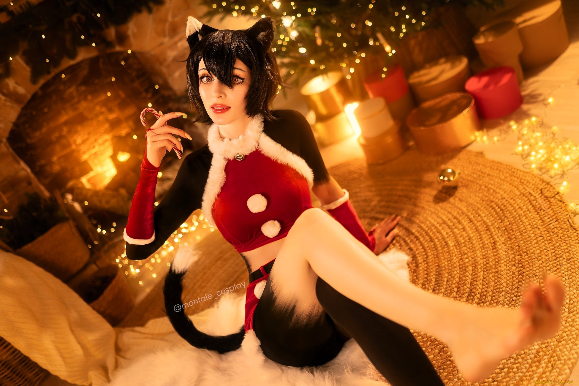 девушки, marina, montale, образ, костюм, косплей, кошка, мех, ёлка, камин