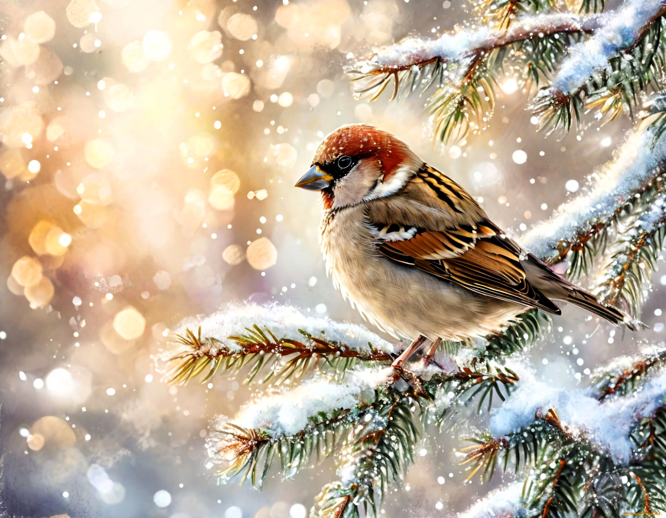 рисованное, животные, , птицы, воробей, птица, снег, ветки, зима, ёлка