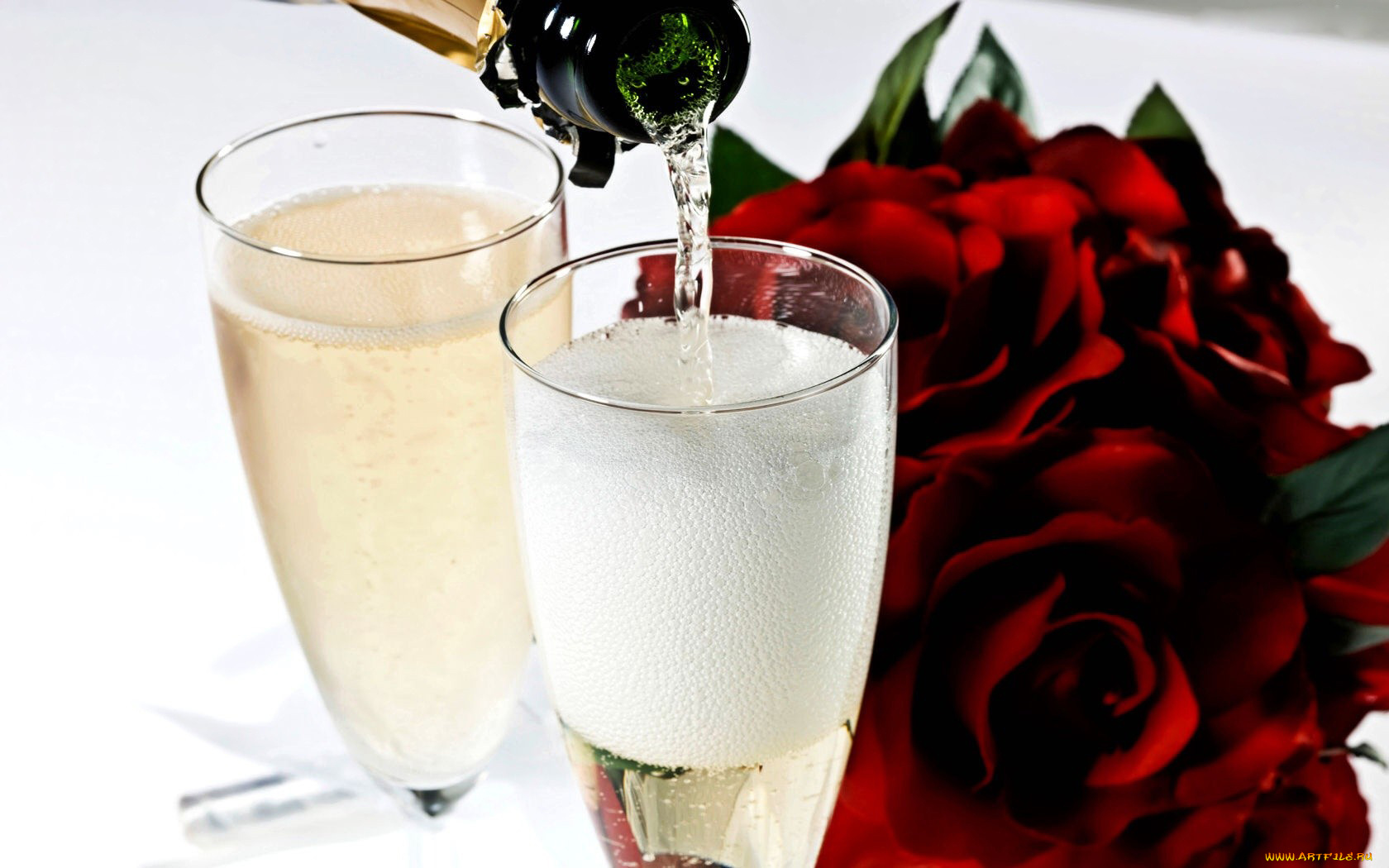 еда, напитки, вино, розы, бокалы, шампанское
