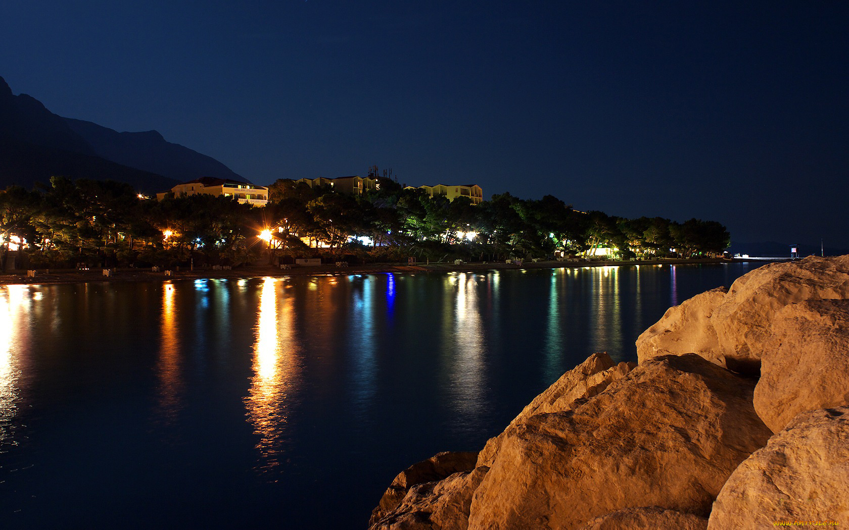 города, огни, ночного, отражение, вода, город, ночь