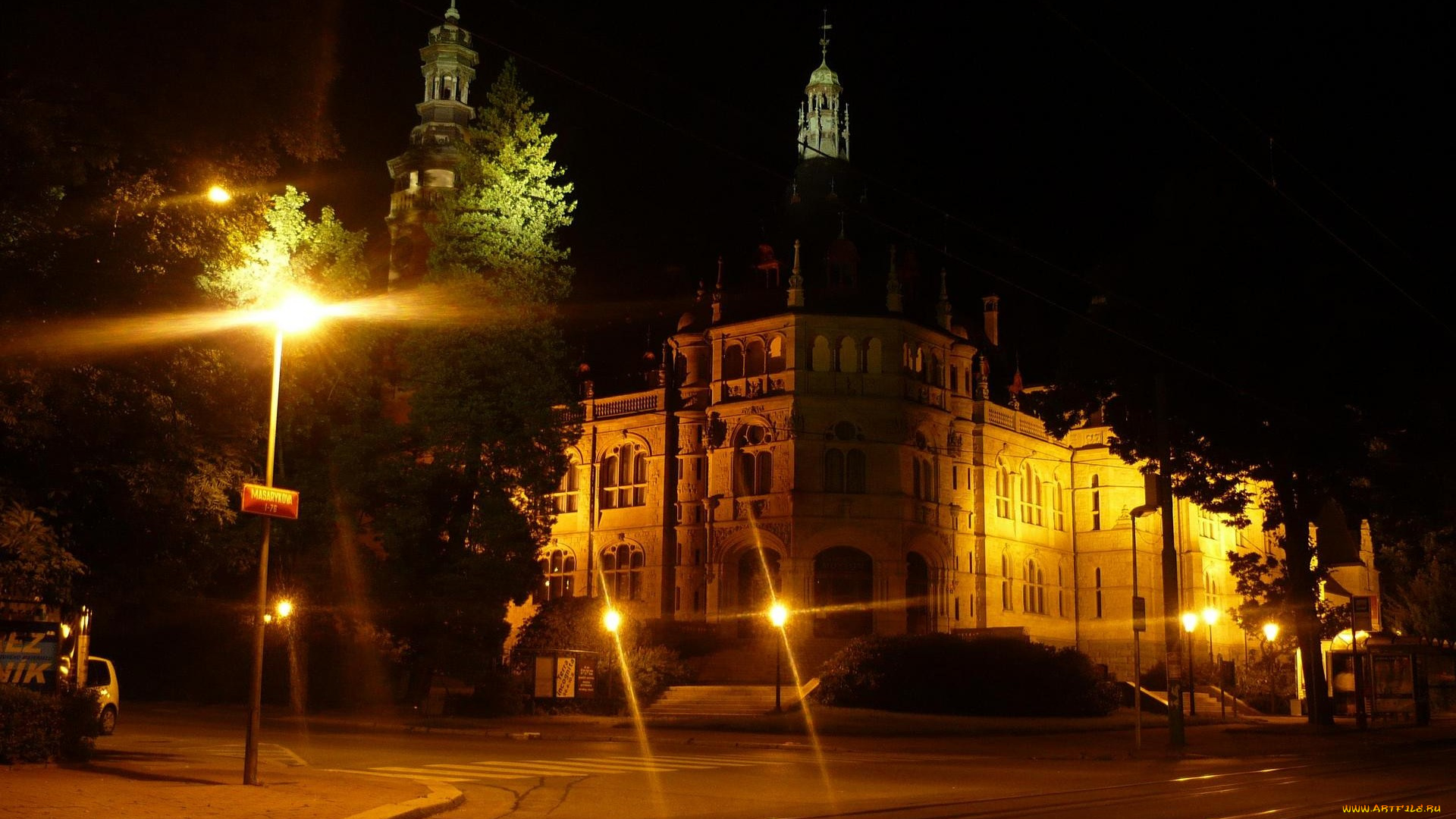 города, огни, ночного, улица, здания, ночь, либерец, Чехия