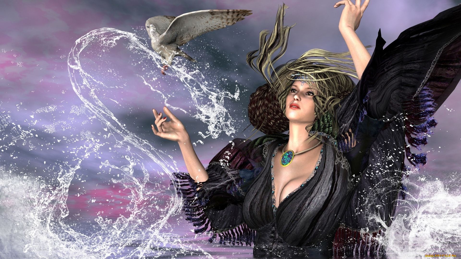 3д, графика, fantasy, фантазия, платье, амулет, руки, рендеринг, брызги, девушка, птица, вода, капли