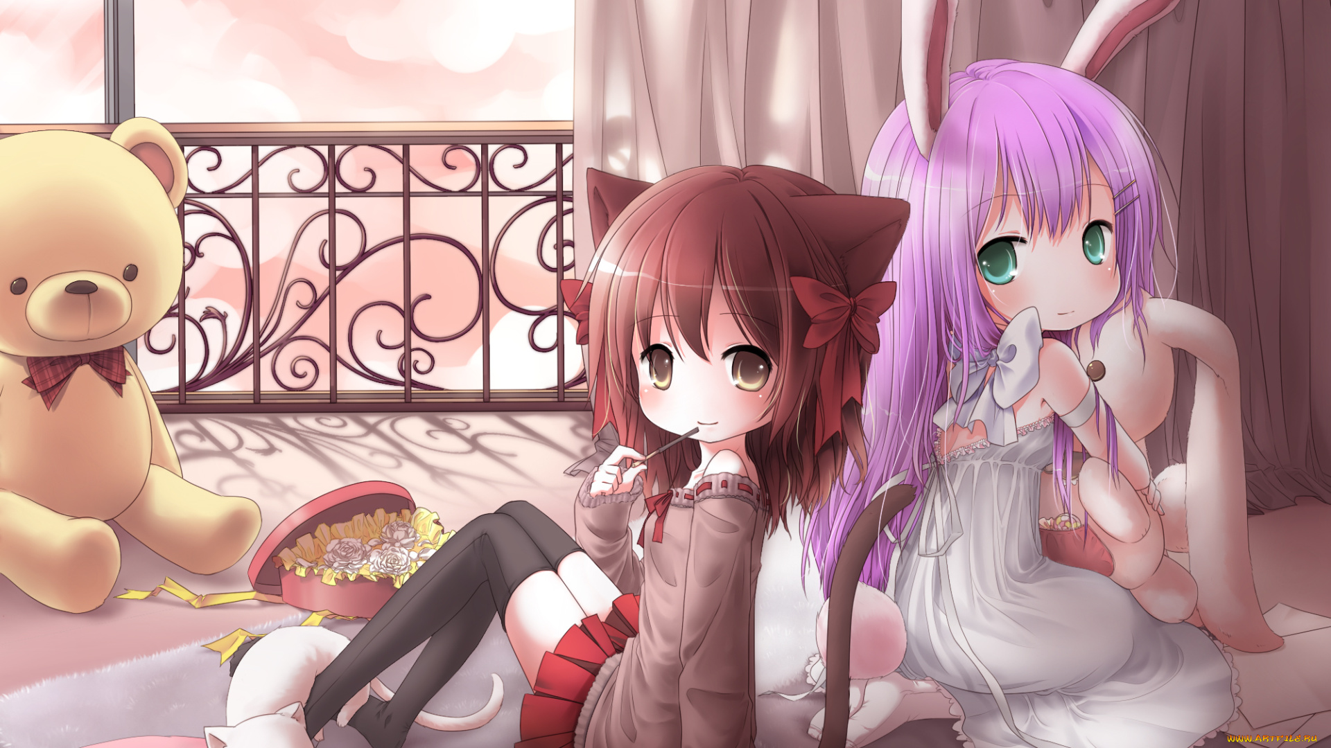 аниме, animals, catgirl, bunnygirl, плюшевый, медведь, кошка, игрушки