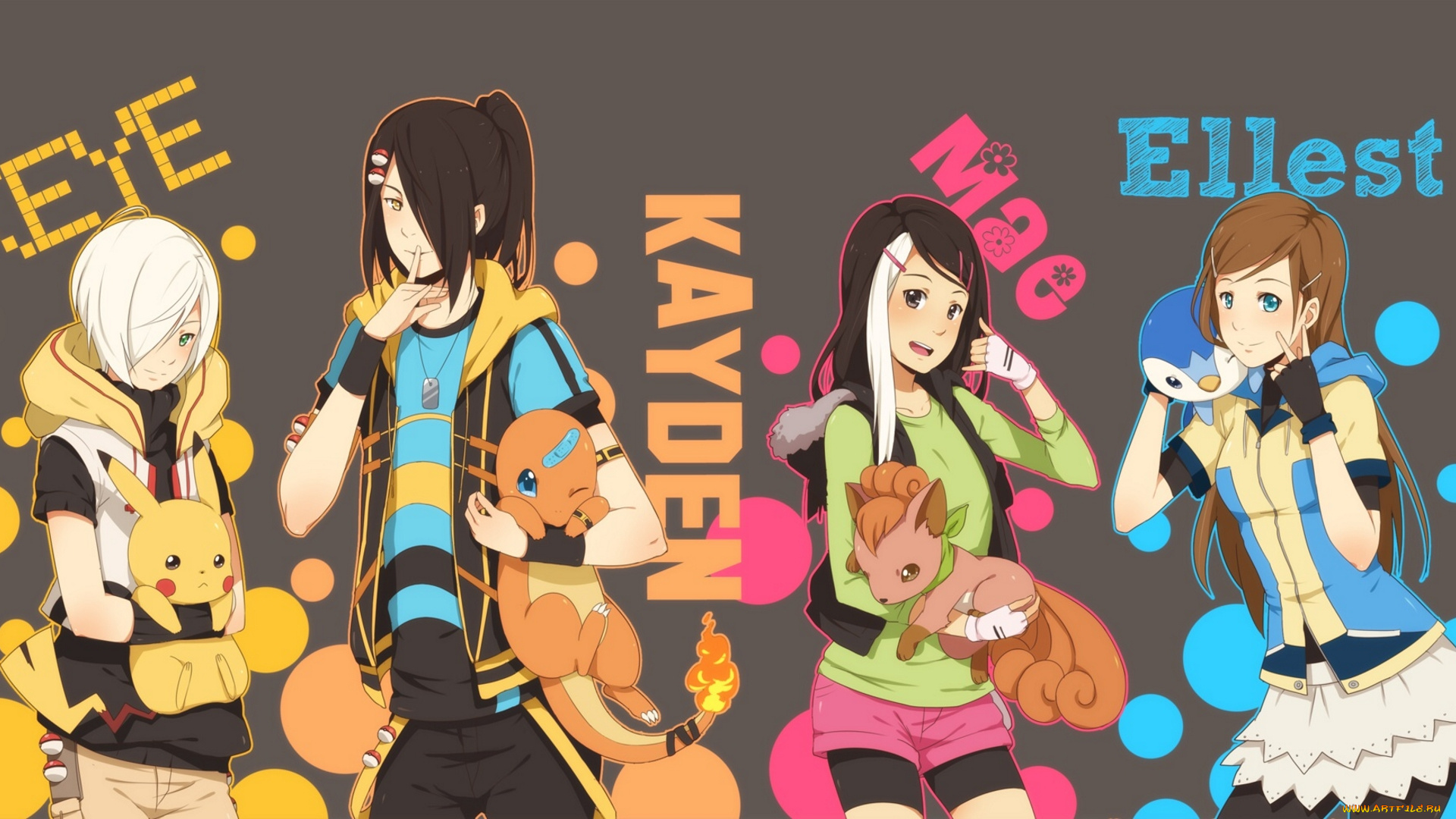 аниме, pokemon, piplup, pikachu, vulpix, charmander