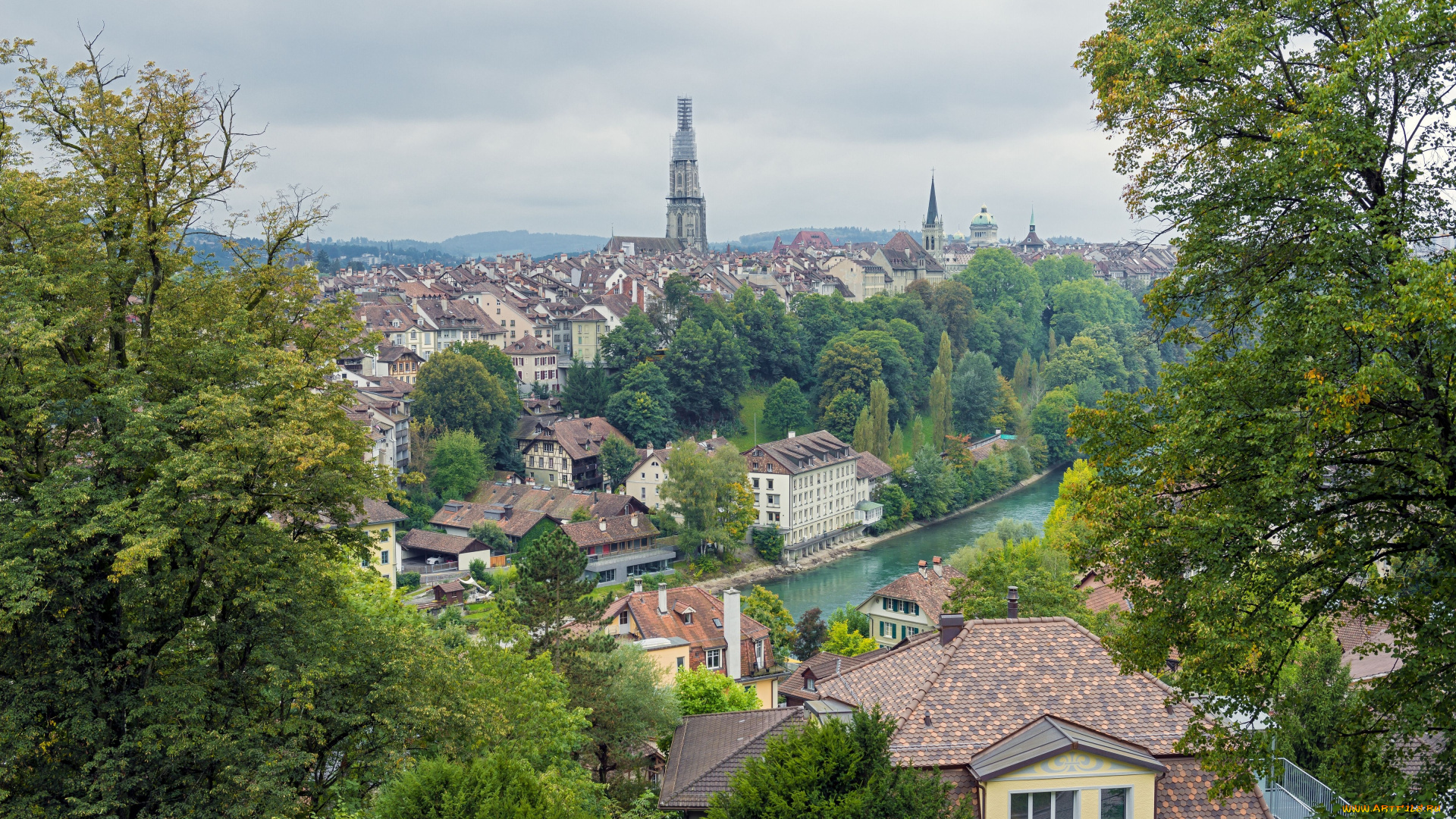 bern, switzerland, города, берн, швейцария, деревья, здания, река, панорама