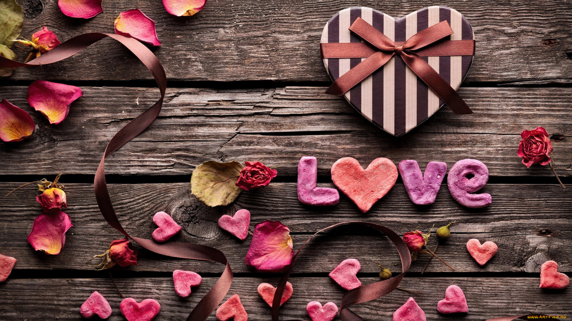 праздничные, день, св, валентина, сердечки, любовь, надпись, лепестки, лента