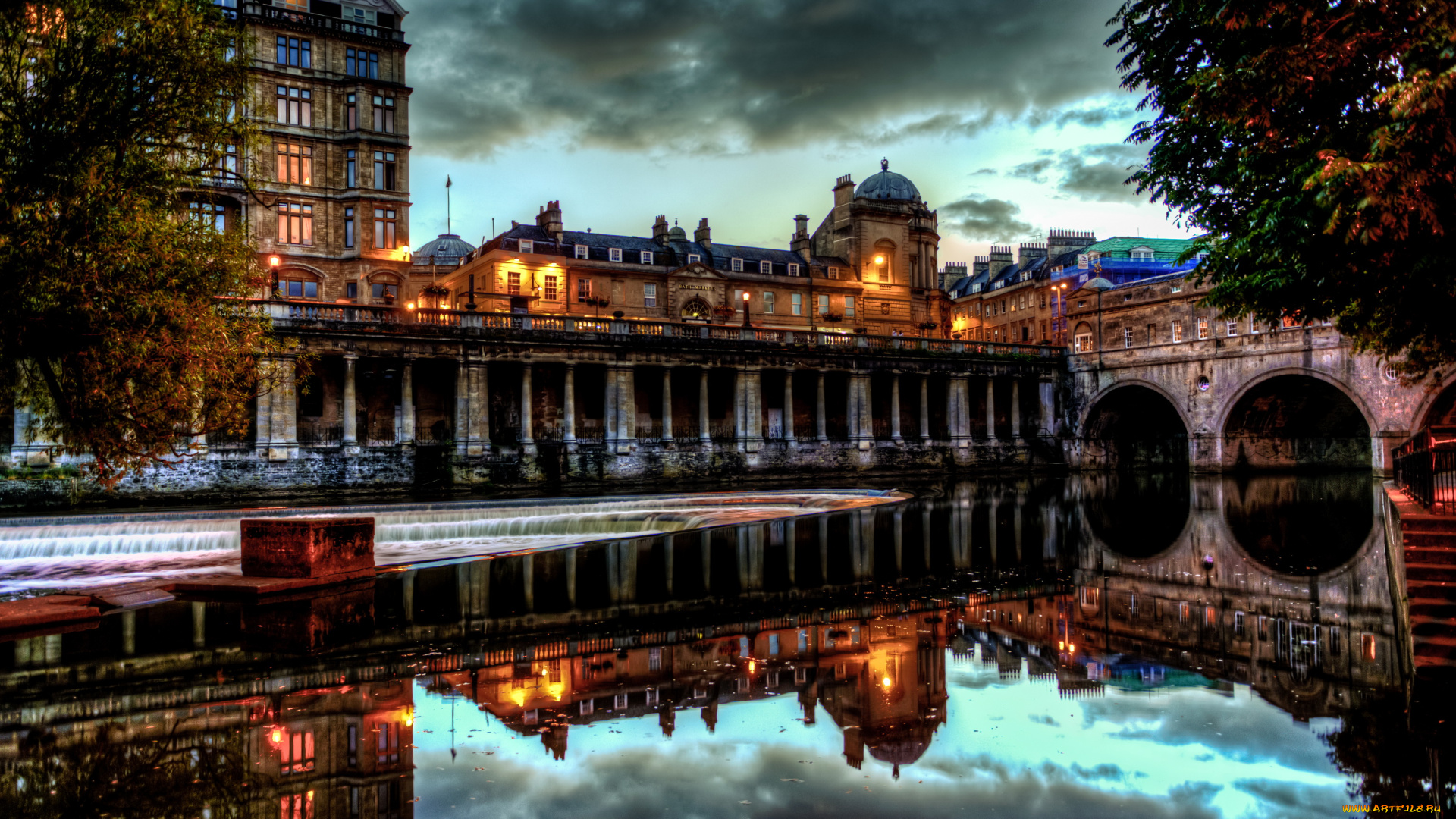 pulteney, bridge, bath, england, города, мосты, дома, река, мост