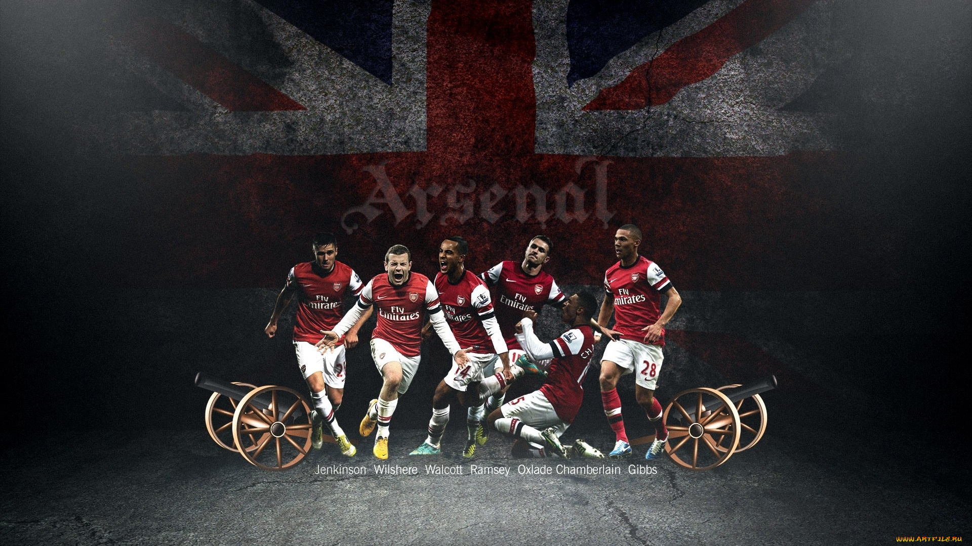 спорт, футбол, игроки, флаг, пушки, фон, канониры