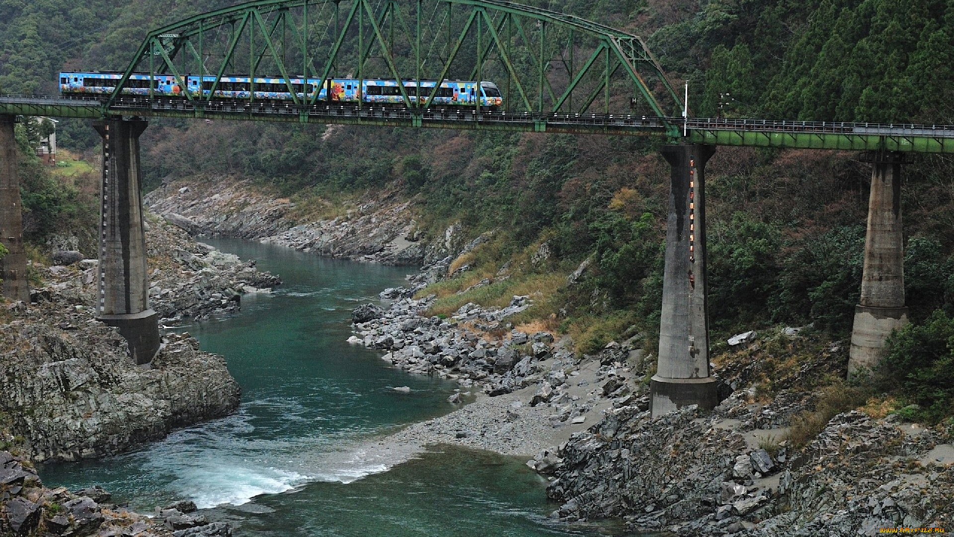 техника, поезда, горы, река, камни, мост, поезд
