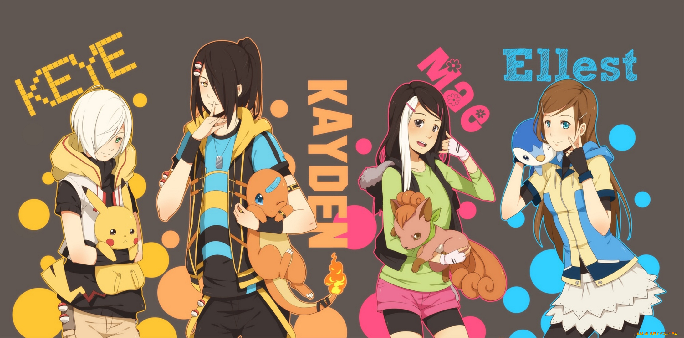 аниме, pokemon, piplup, pikachu, vulpix, charmander