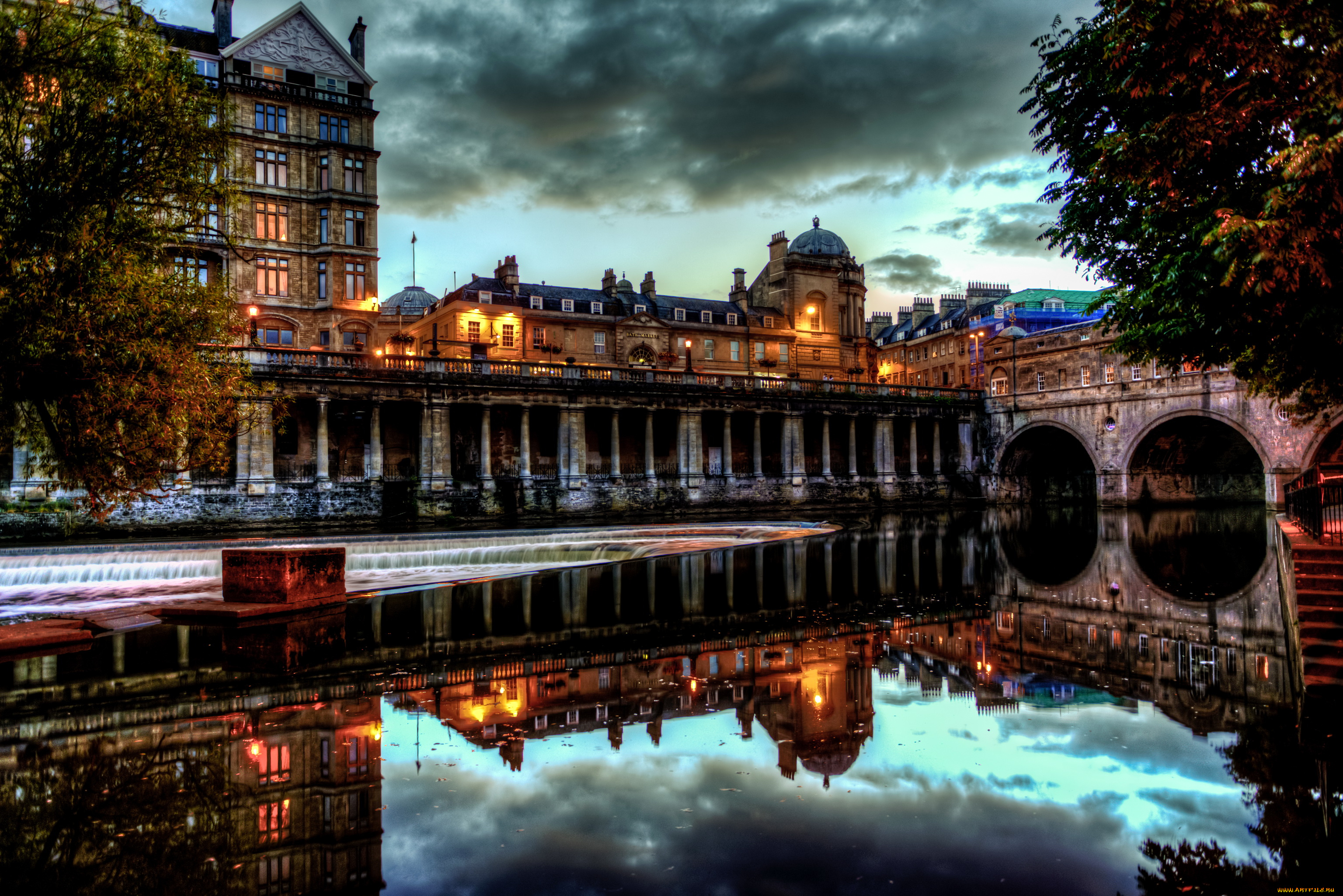 pulteney, bridge, bath, england, города, мосты, дома, река, мост