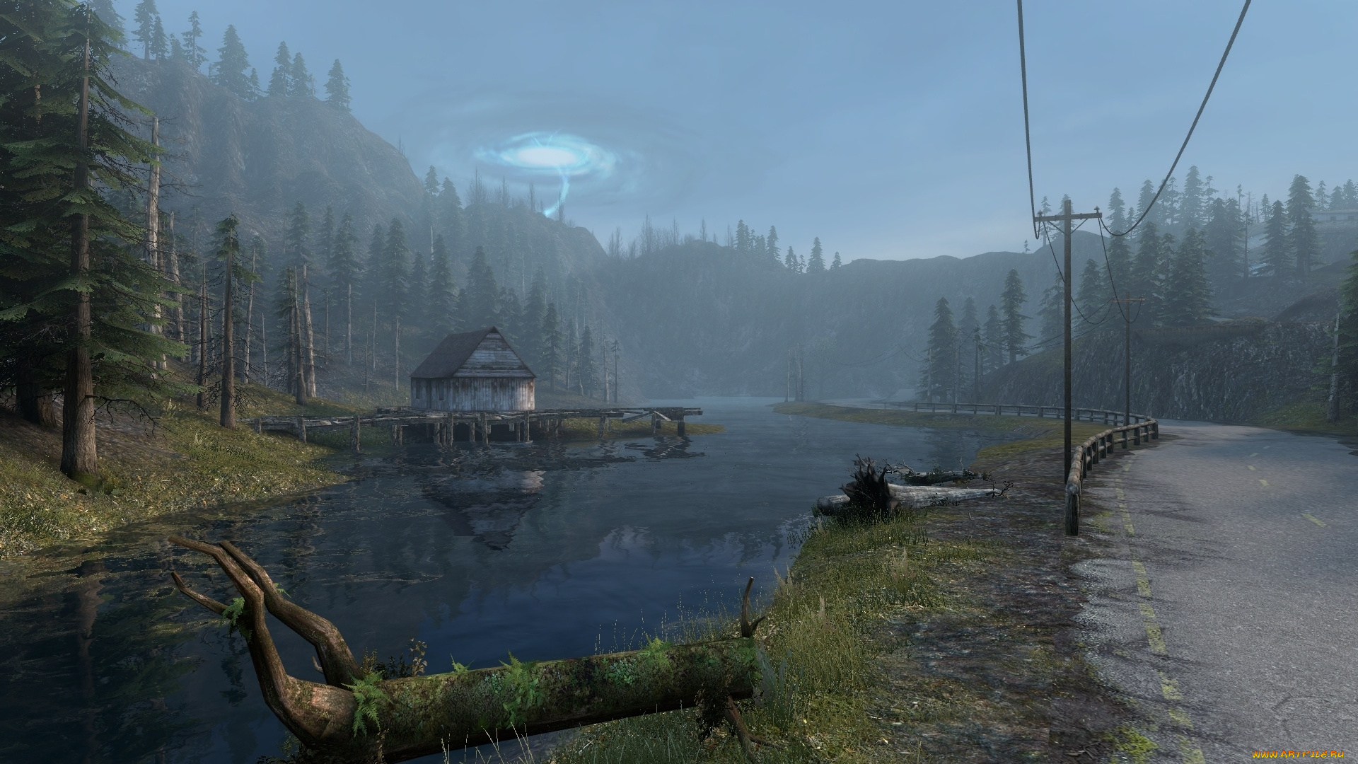 3д, графика, nature, landscape, , природа, горы, дорога, избушка, река, лес