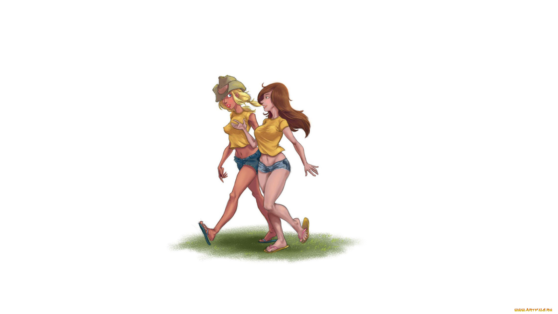 две, девушки, рисованные, минимализм, трава, девушка