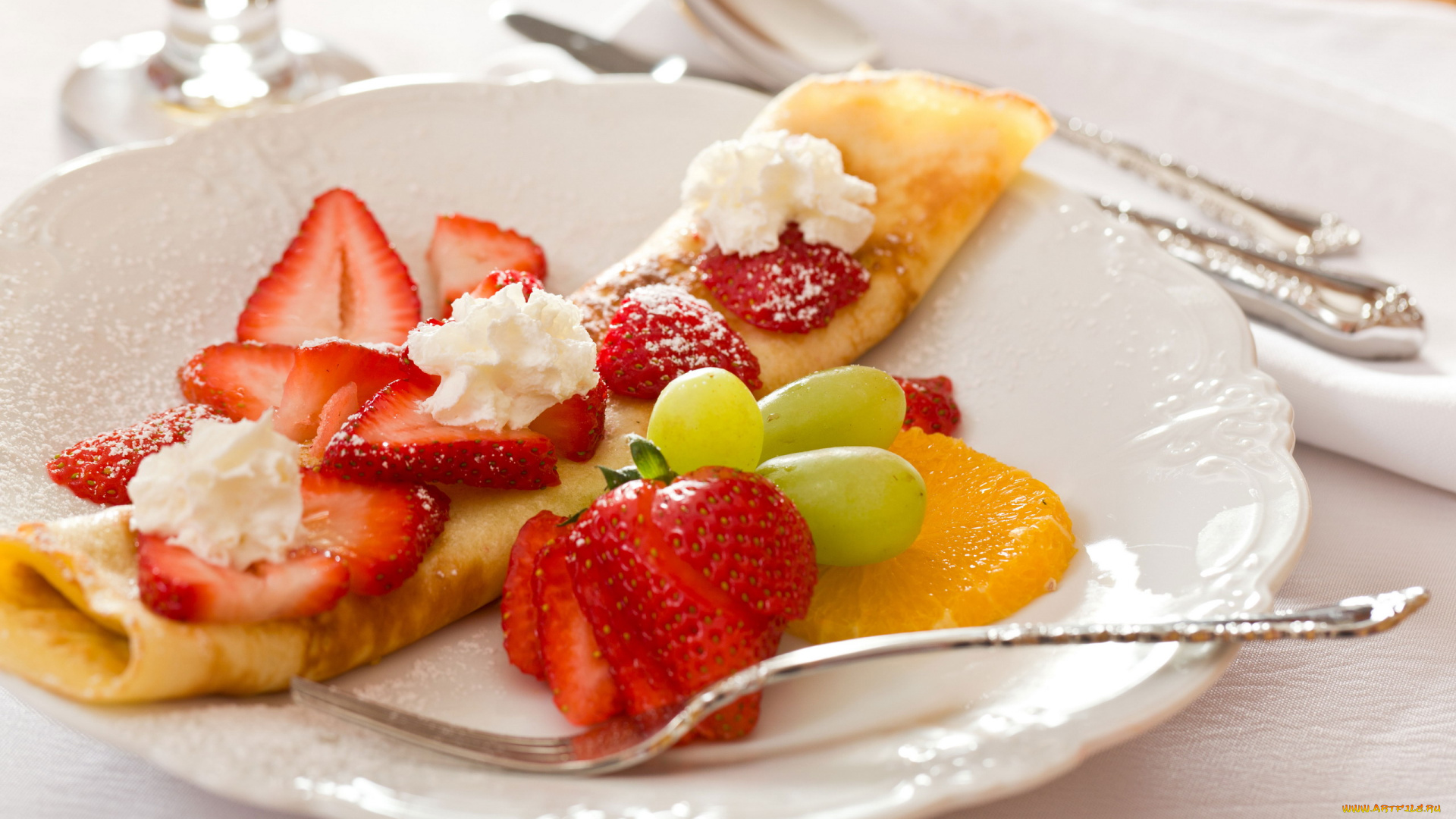 еда, блины, , оладьи, слики, клубника, виноград, апельсин