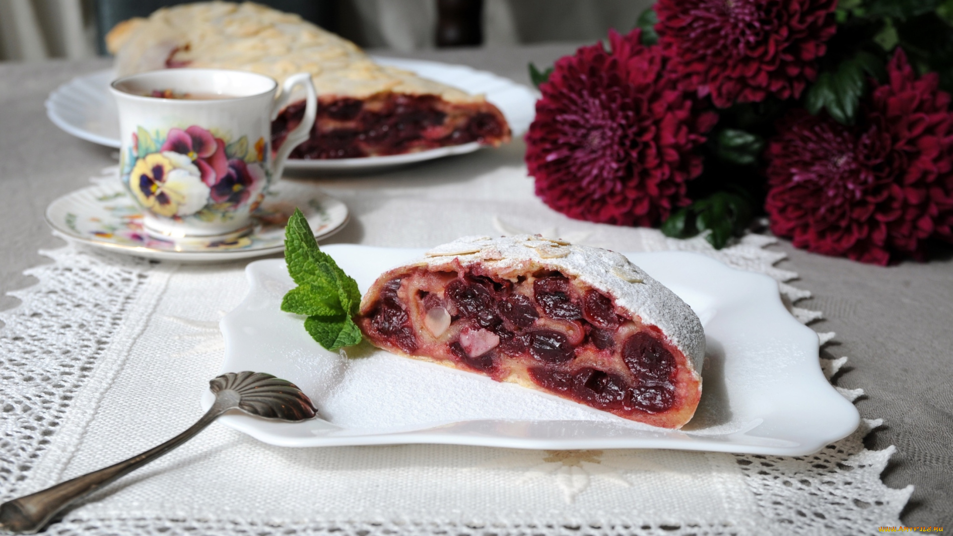 еда, пироги, хризантемы, вишневый, пирог