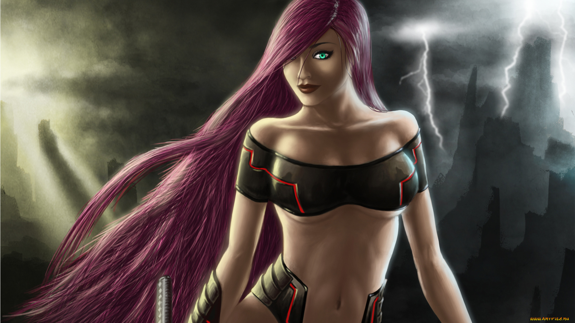 фэнтези, девушки, молнии, взгляд, меч, девушка