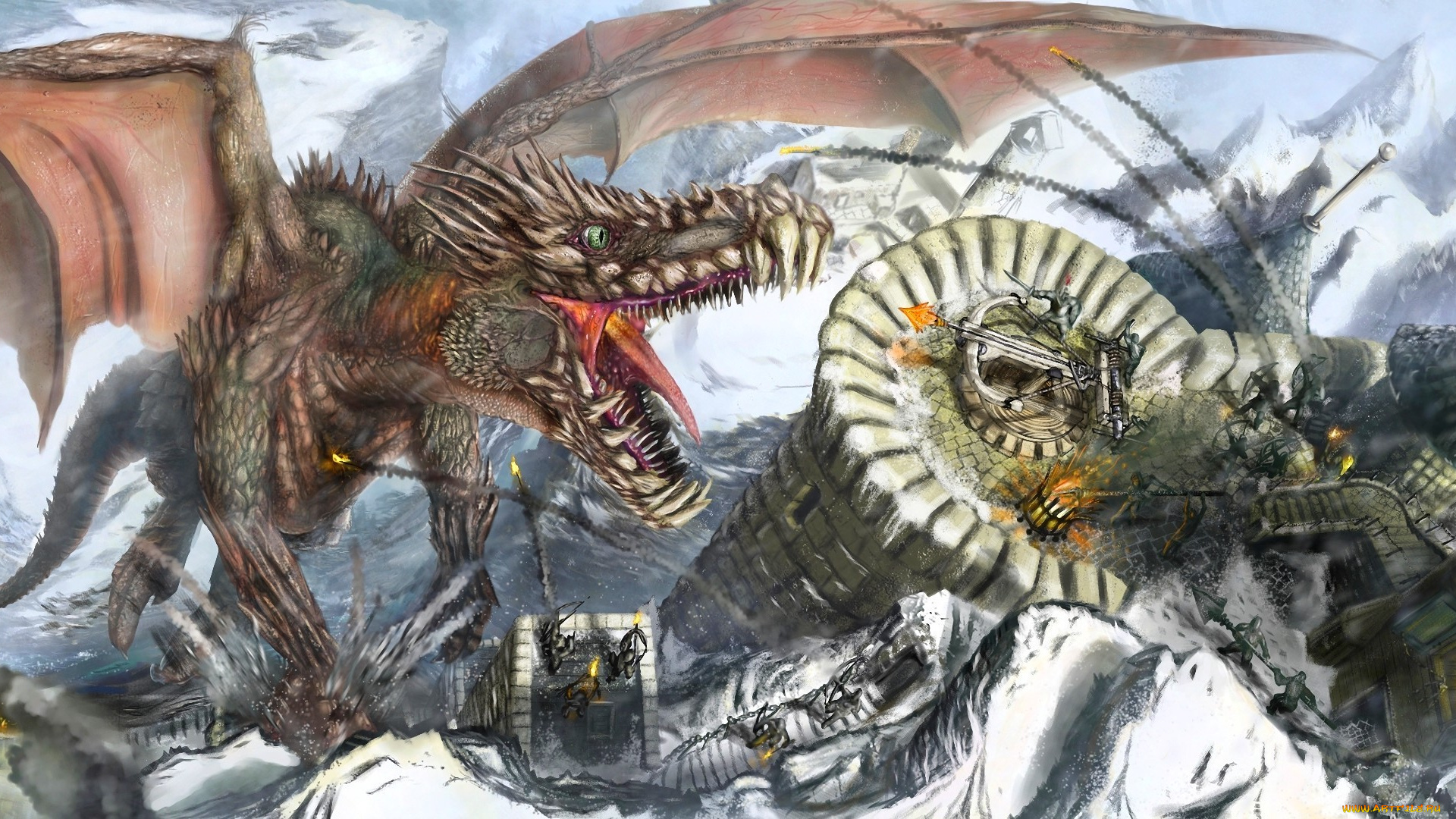 фэнтези, драконы, крепость, дракон, горы, оборона, замок, зима