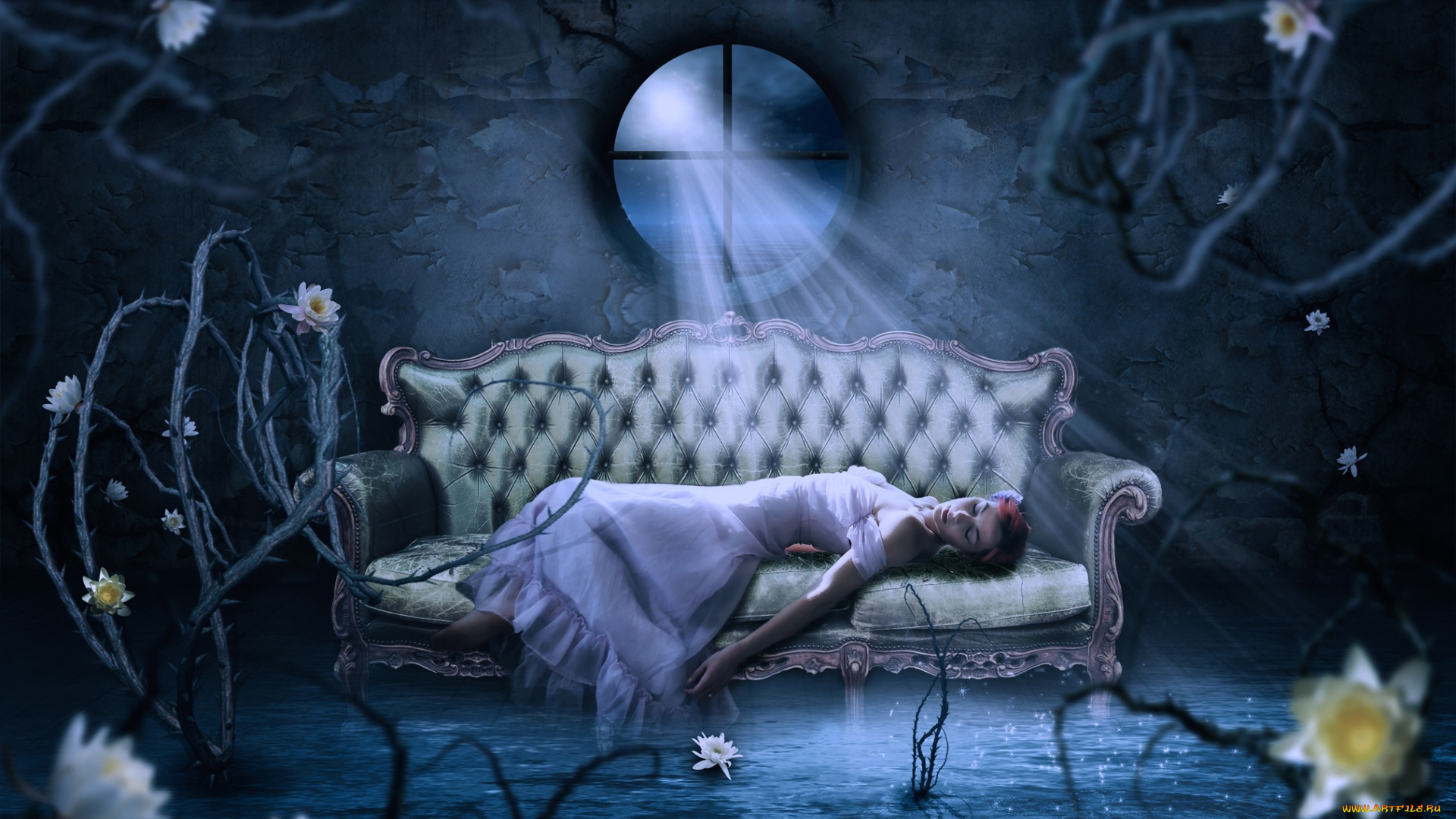 фэнтези, фотоарт, сон, цветы, диван, свет
