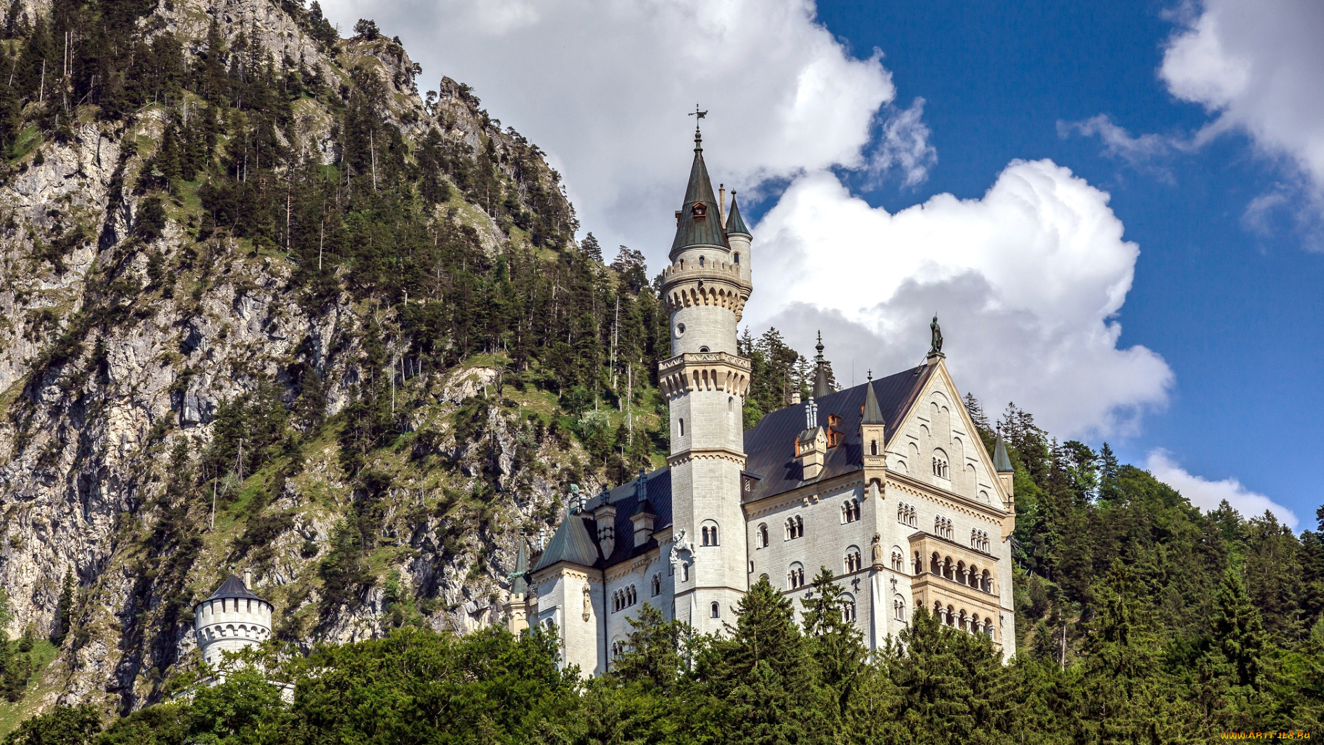 города, замок, нойшванштайн, , германия, горы