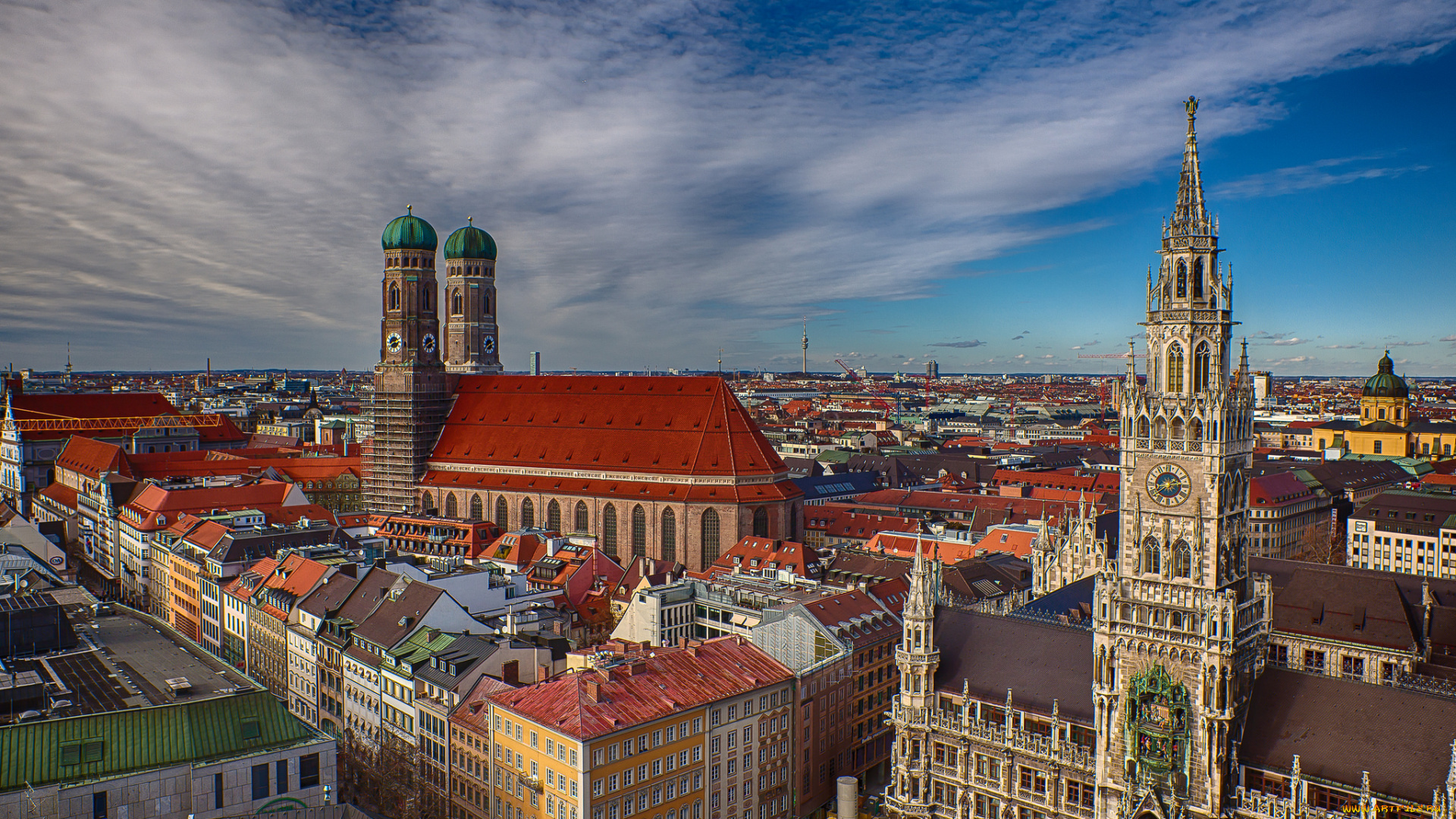 мюнхен, , германия, города, крыши, munich, bavaria, germany, munich, town, hall, marienplatz, frauenkirche, бавария, новая, ратуша, площадь, мариенплац, фрауэнкирхе, собор, здания, ратуша, панорама